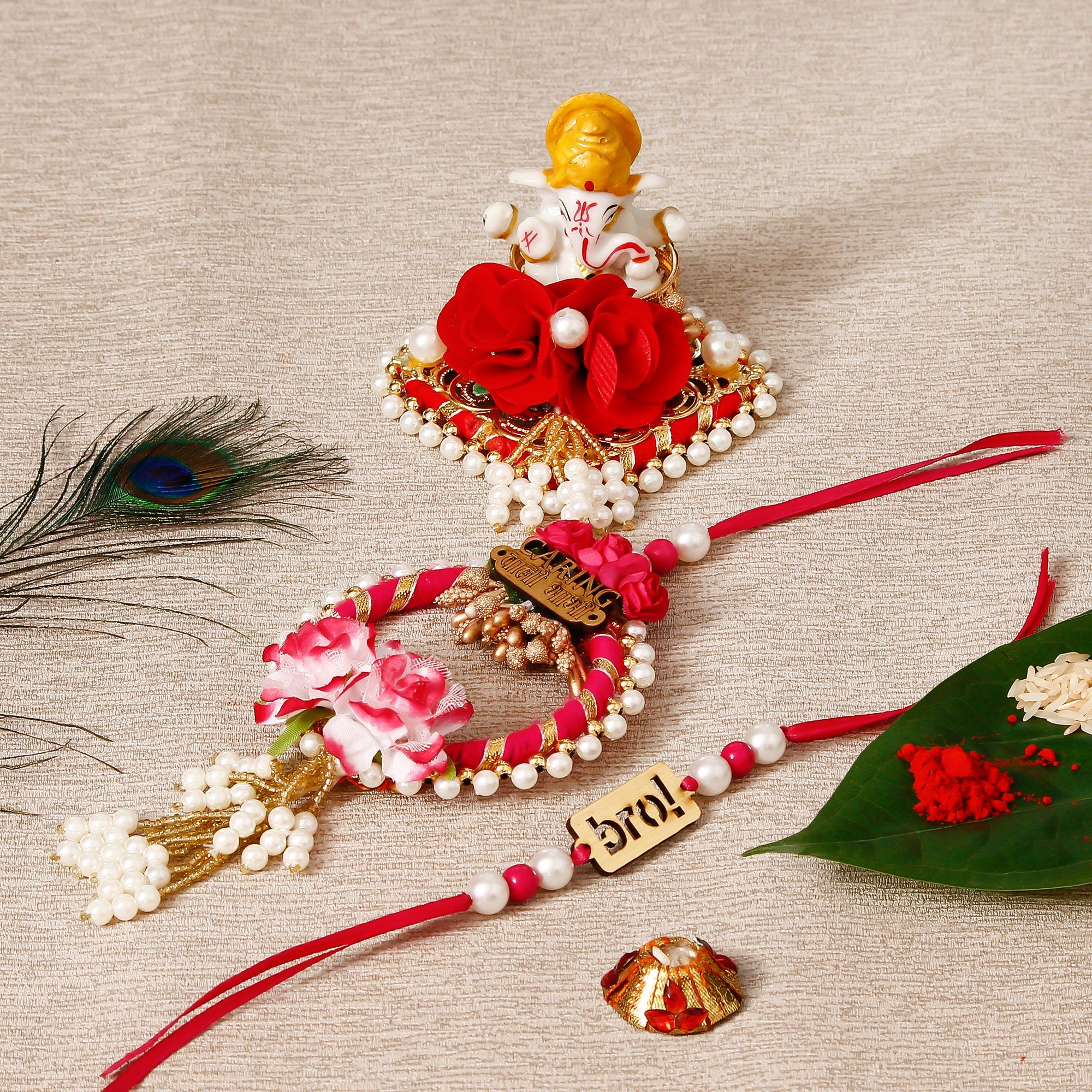 Designe Bhaiya Bhabhi Rakhi with Lord Ganesha Idol on Decorative Plate for Car & Home and Roli Tikka Matki Kafalo