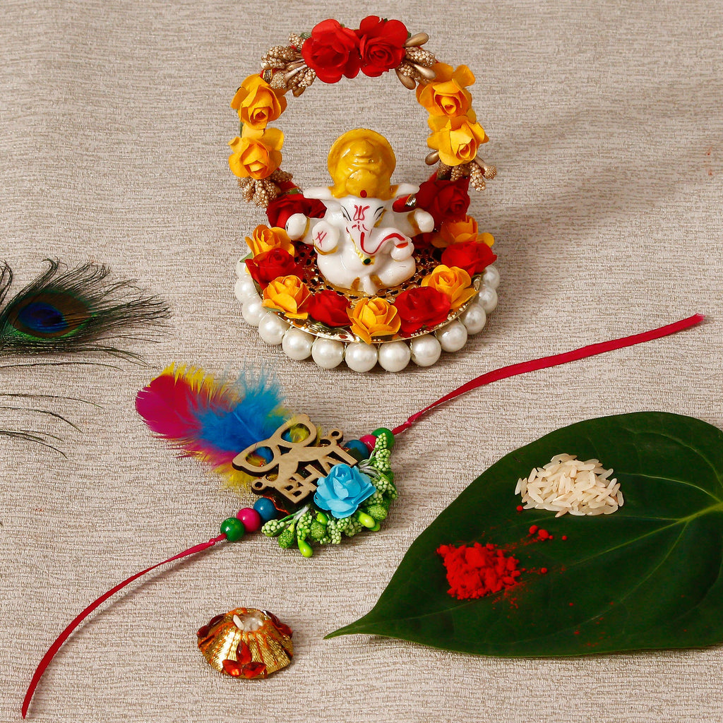 Designer Rakhi with Lord Ganesha Idol on Decorative Plate for Car & Home and Roli Tikka Matki Kafalo