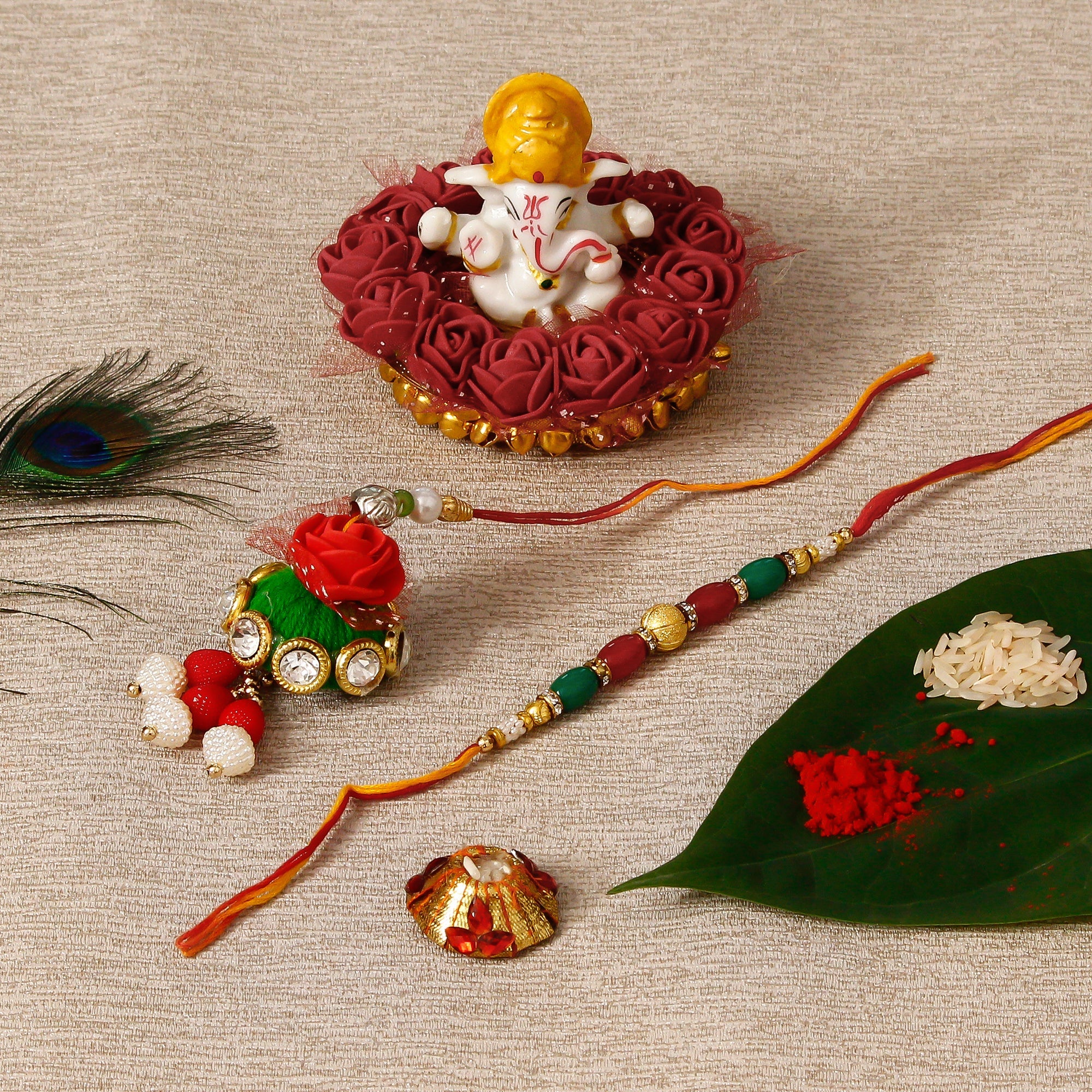 Designer Bhaiya Bhabhi Rakhi with Lord Ganesha Idol on Decorative Plate for Car & Home and Roli Tikka Matki Kafalo