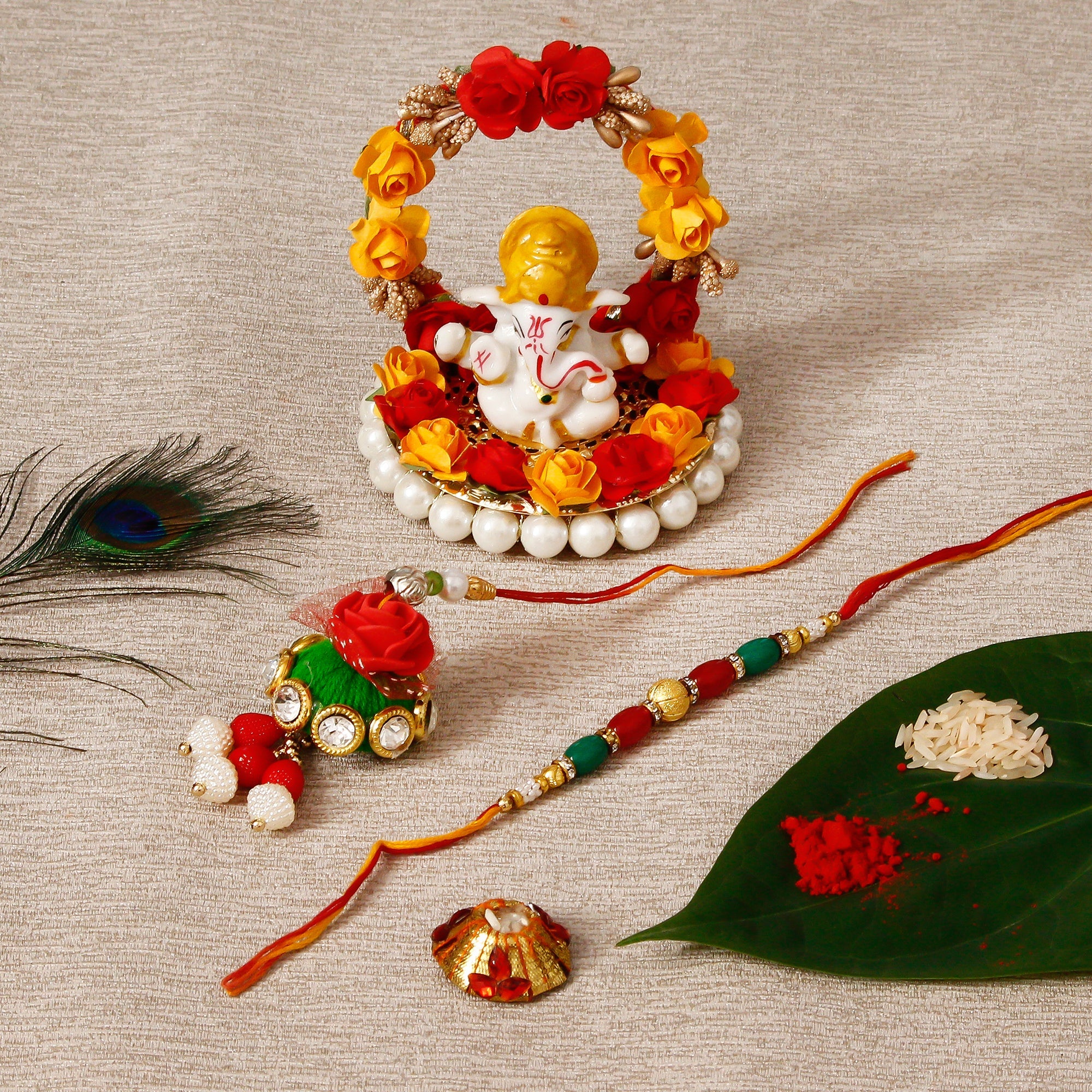 Designer Bhaiya Bhabhi Rakhi with Lord Ganesha Idol on Decorative Plate for Car & Home and Roli Tikka Matki Kafalo