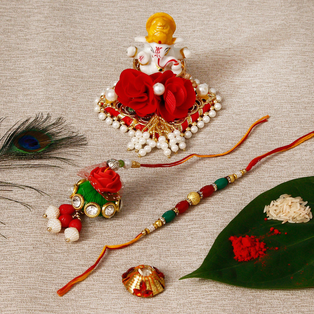 Designer Bhaiya Bhabhi Rakhi with Lord Ganesha Idol on Decorative Plate for Car & Home and Roli Tikka Matki Kafalo