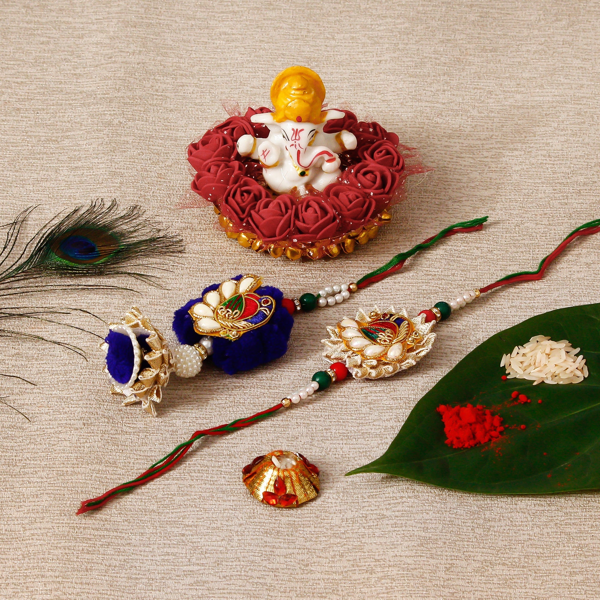 Designer Bhaiya Bhabhi Rakhi with Lord Ganesha Idol on Decorative Plate for Car & Home and Roli Tikka Matki Kafalo