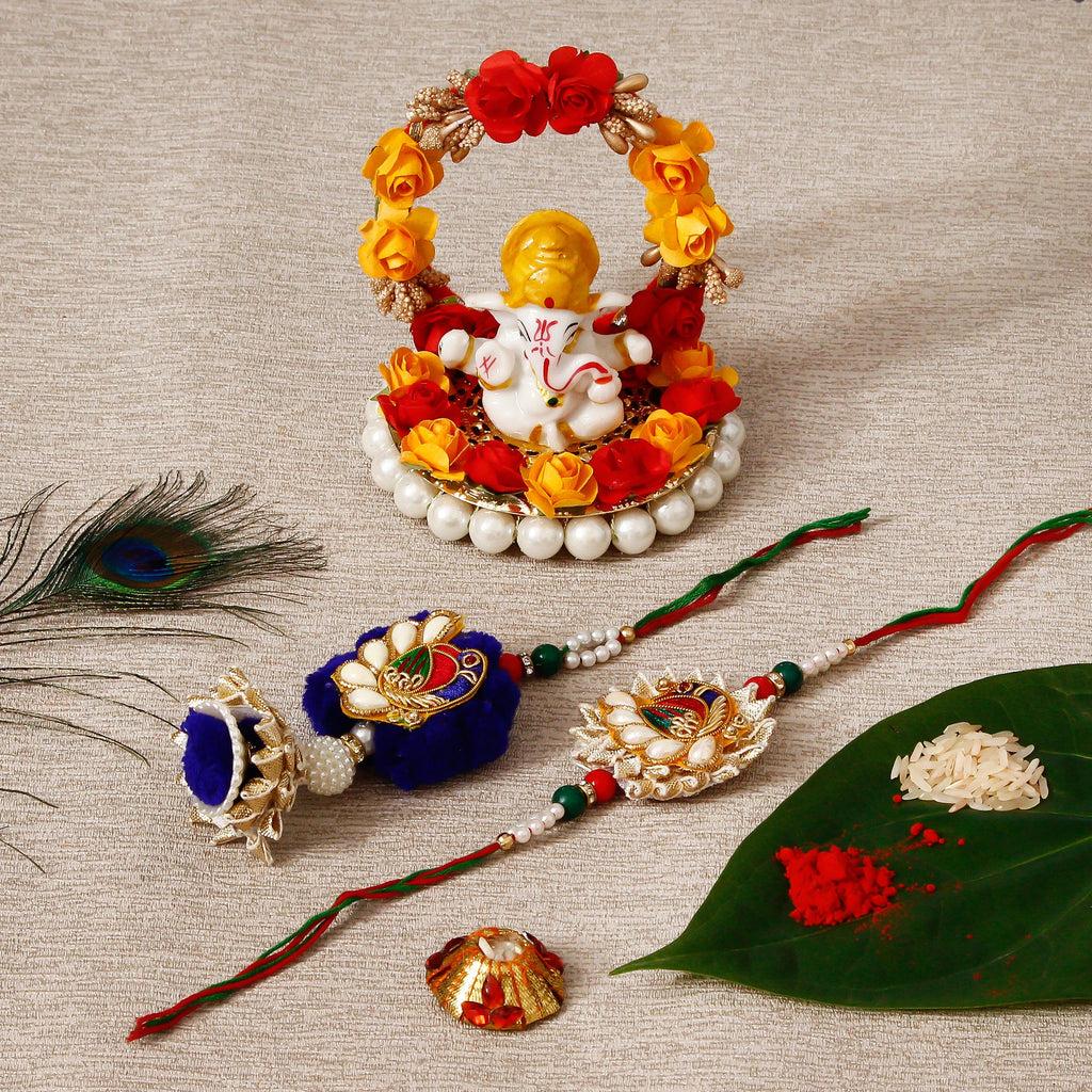 Designer Bhaiya Bhabhi Rakhi with Lord Ganesha Idol on Decorative Plate for Car & Home and Roli Tikka Matki Kafalo