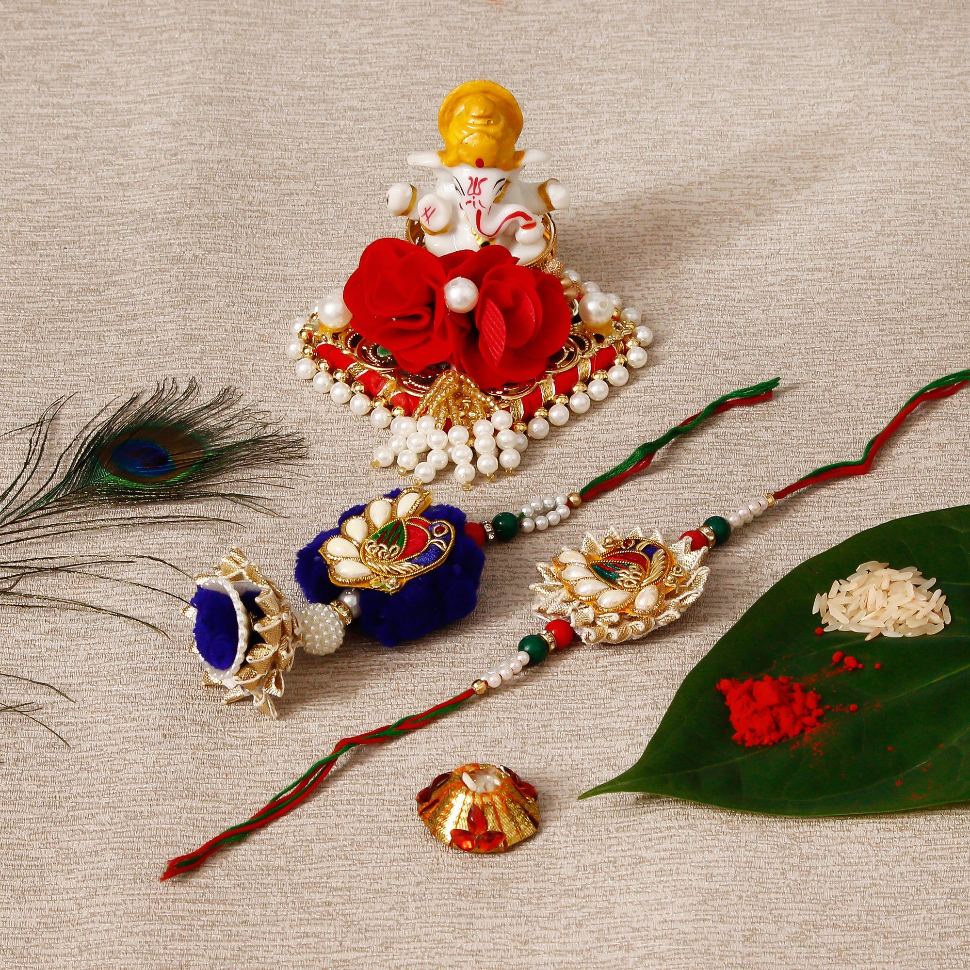 Designer Bhaiya Bhabhi Rakhi with Lord Ganesha Idol on Decorative Plate for Car & Home and Roli Tikka Matki Kafalo