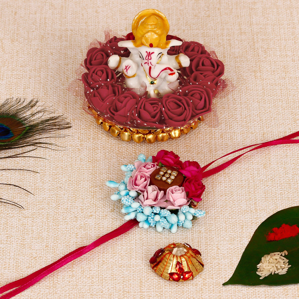 Designer Floral Rakhi with Lord Ganesha Idol on Decorative Plate for Car & Home and Roli Tikka Matki Kafalo
