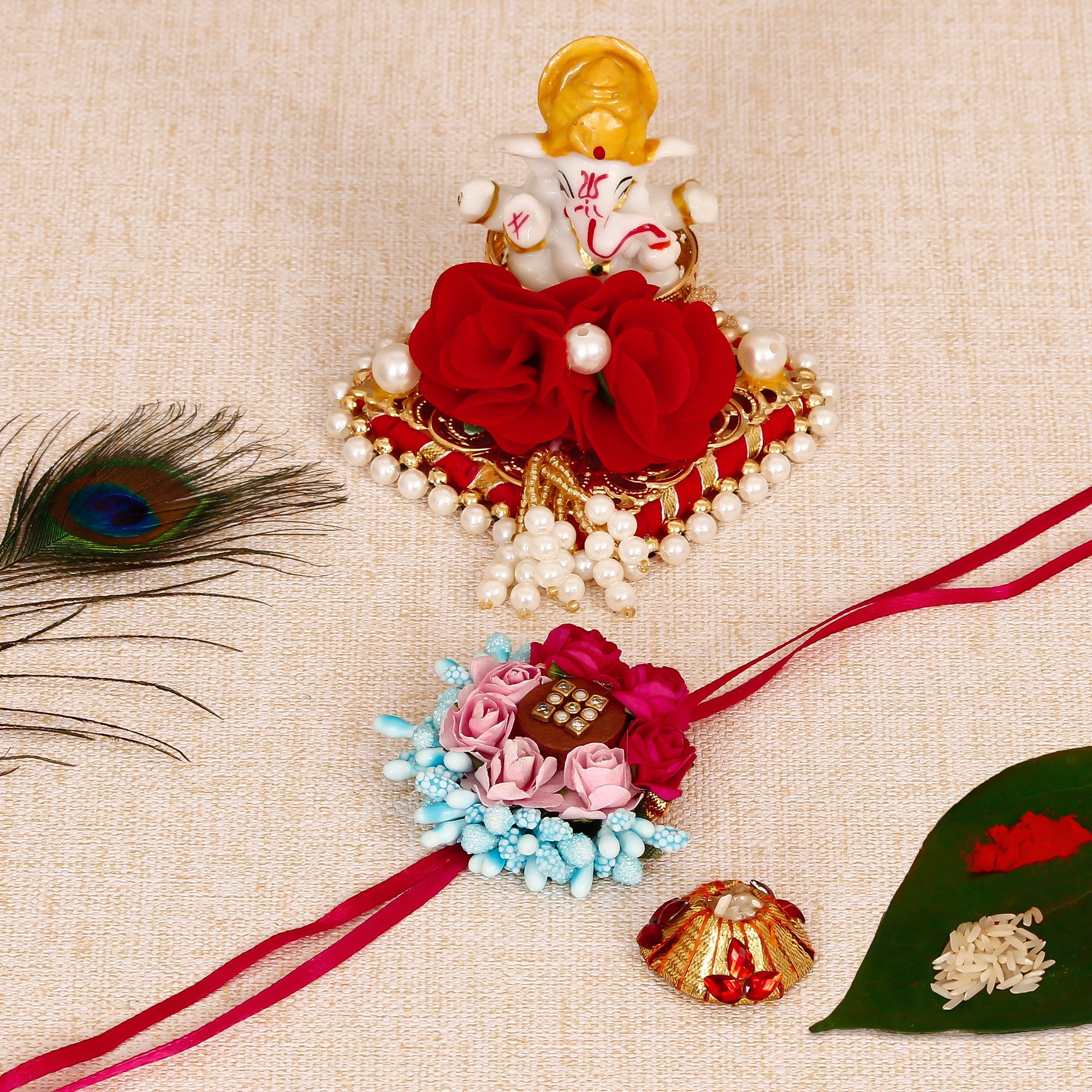 Designer Floral Rakhi with Lord Ganesha Idol on Decorative Plate for Car & Home and Roli Tikka Matki Kafalo