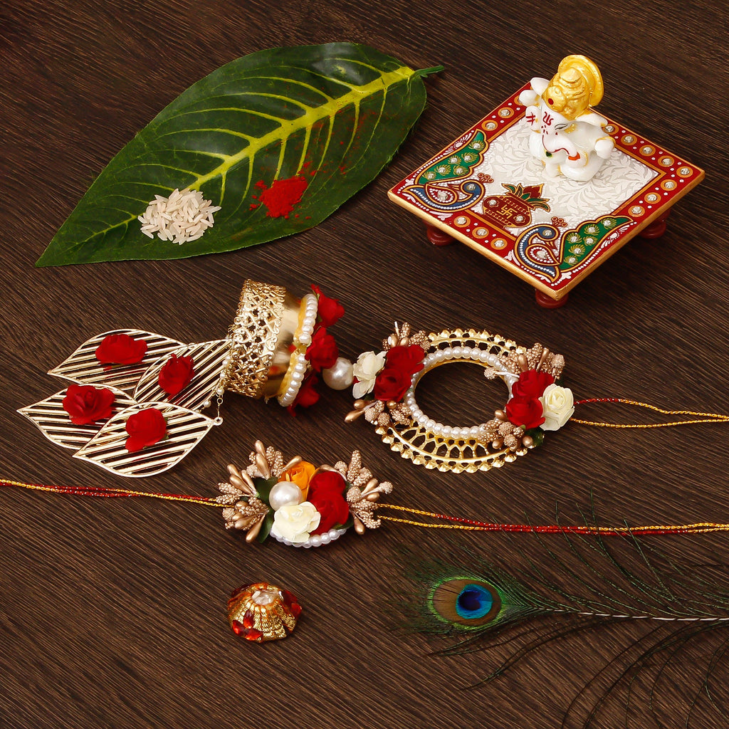 Designer Handcrafted Bhaiya Bhabhi Rakhi with Lord Ganesha Marble Chowki and Roli Tikka Matki Kafalo