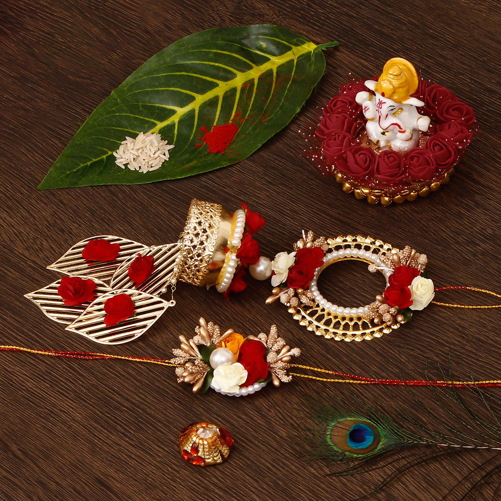 Designer Handcrafted Bhaiya Bhabhi Rakhi with Lord Ganesha Idol on Decorative Plate for Car & Home and Roli Tikka Matki Kafalo