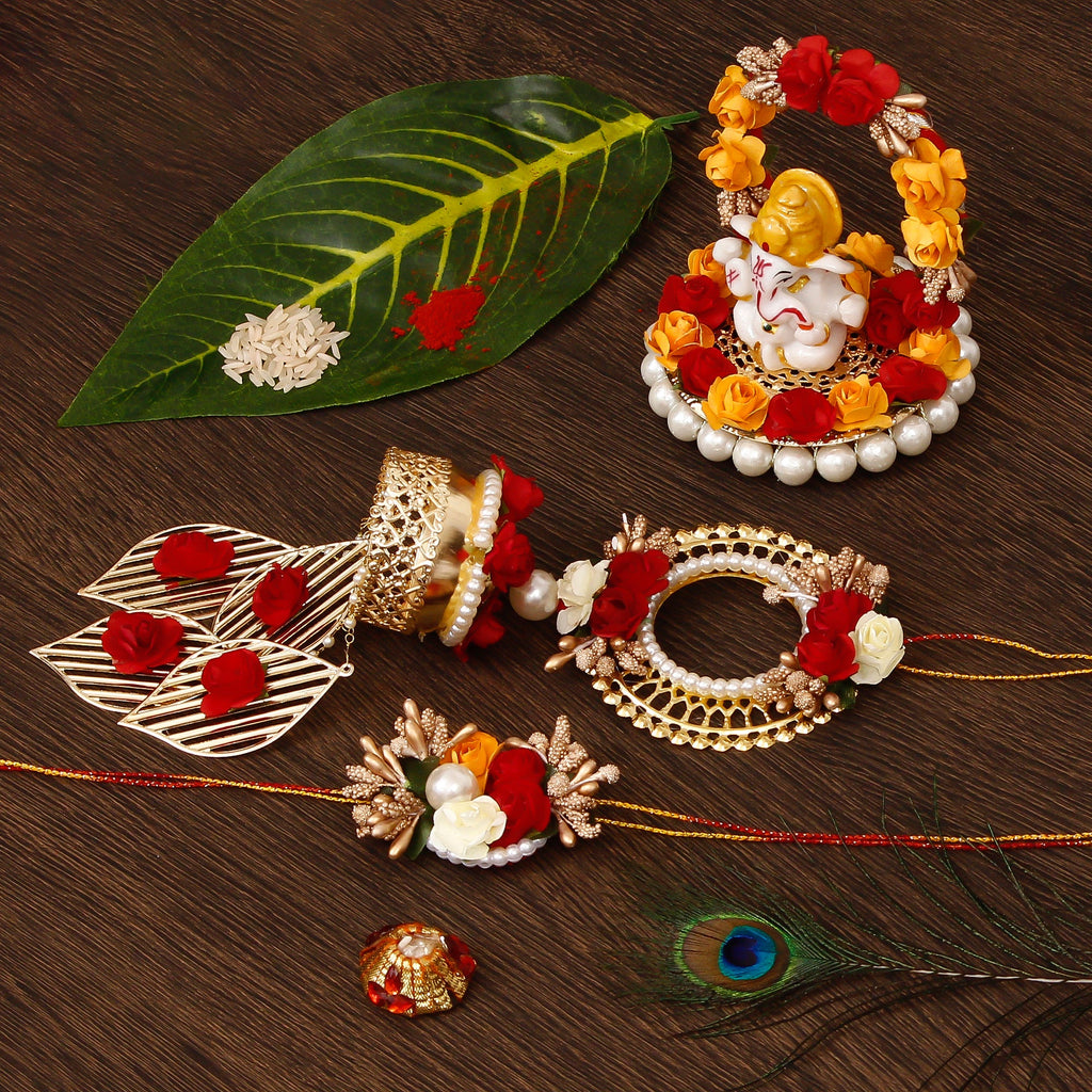 Designer Handcrafted Bhaiya Bhabhi Rakhi with Lord Ganesha Idol on Decorative Plate for Car & Home and Roli Tikka Matki Kafalo