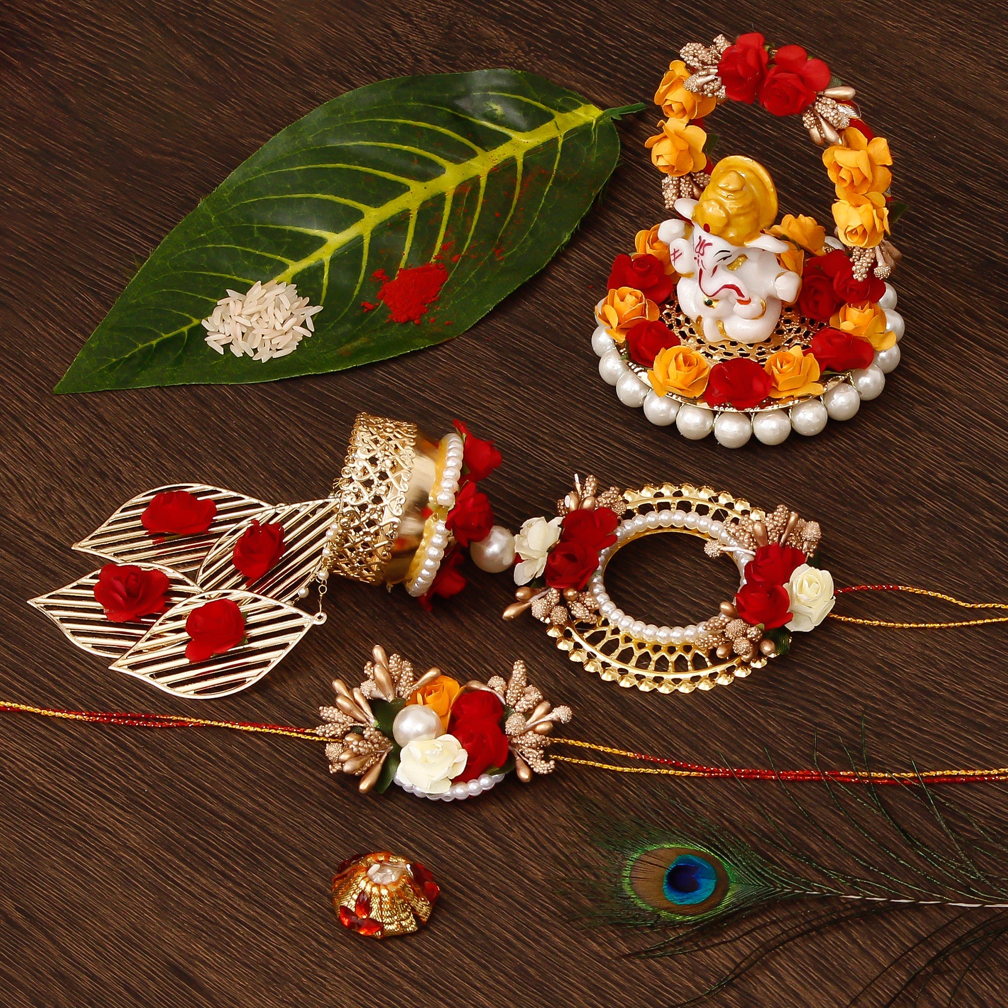 Designer Handcrafted Bhaiya Bhabhi Rakhi with Lord Ganesha Idol on Decorative Plate for Car & Home and Roli Tikka Matki Kafalo