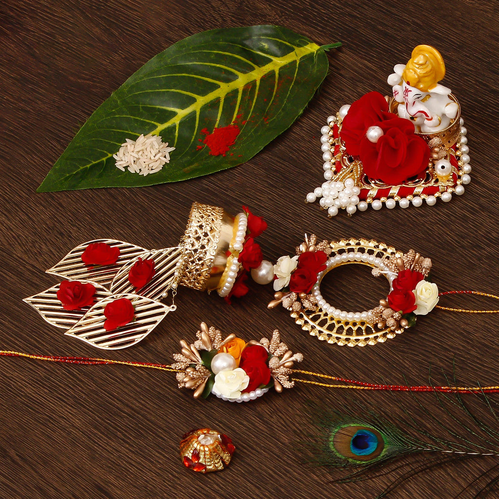 Designer Handcrafted Bhaiya Bhabhi Rakhi with Lord Ganesha Idol on Decorative Plate for Car & Home and Roli Tikka Matki Kafalo