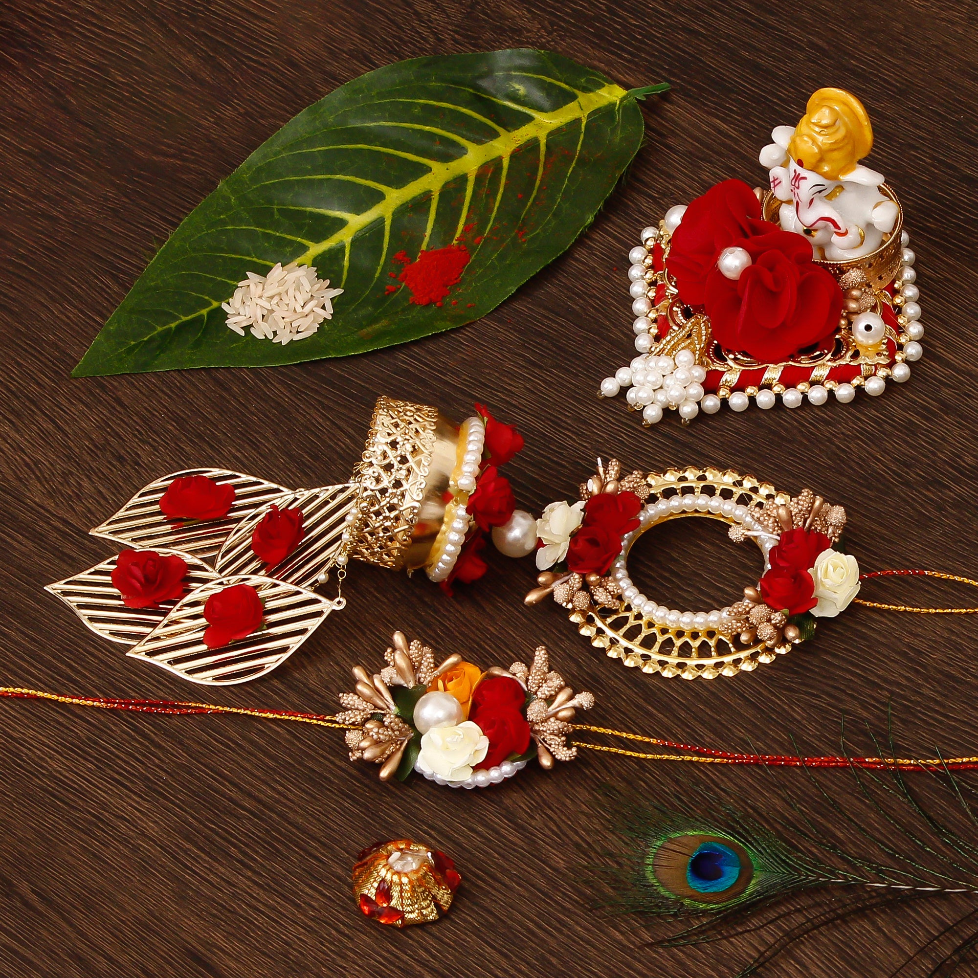 Designer Handcrafted Bhaiya Bhabhi Rakhi with Lord Ganesha Idol on Decorative Plate for Car & Home and Roli Tikka Matki Kafalo