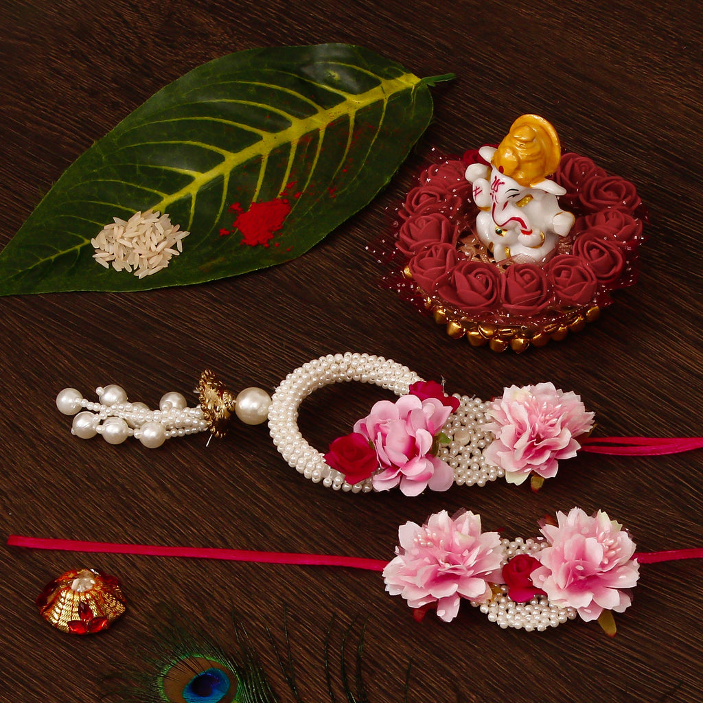 Floral Bhaiya Bhabhi Rakhi with Lord Ganesha Idol on Decorative Plate for Car & Home and Roli Tikka Matki Kafalo