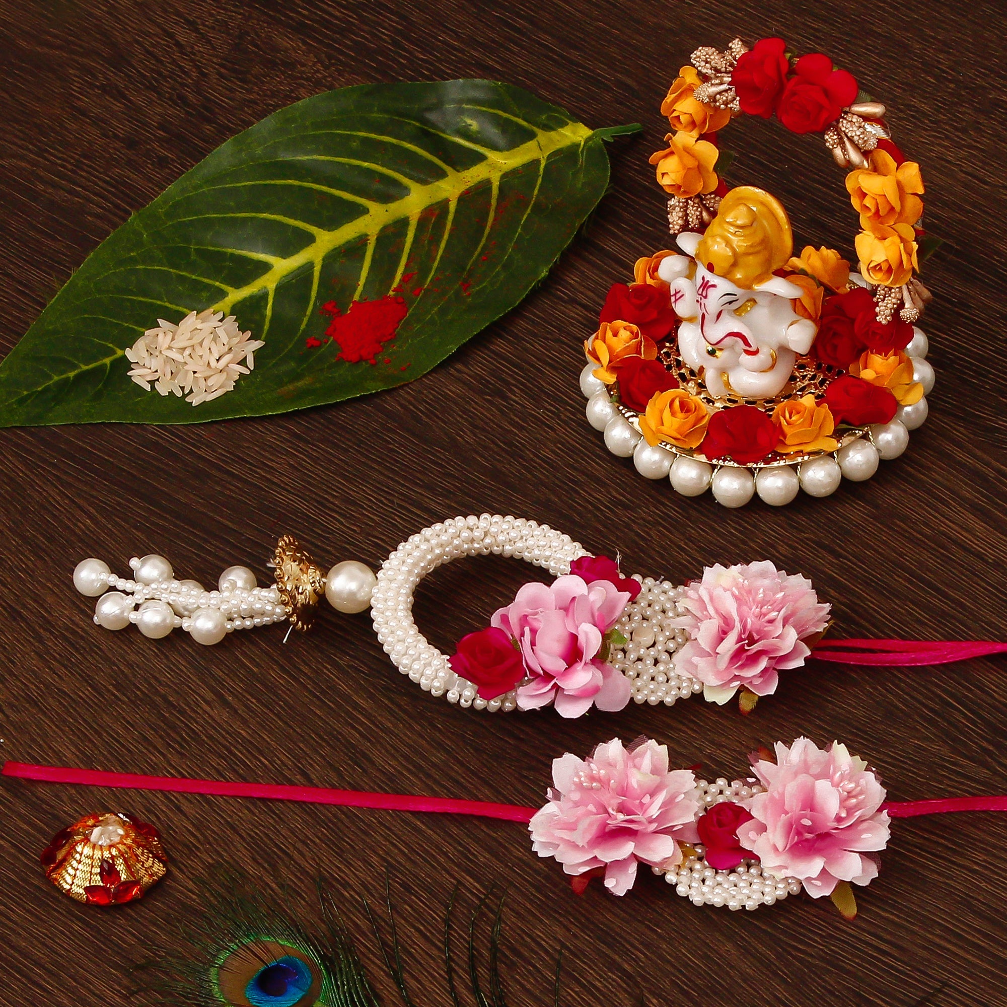 Floral Bhaiya Bhabhi Rakhi with Lord Ganesha Idol on Decorative Plate for Car & Home and Roli Tikka Matki Kafalo