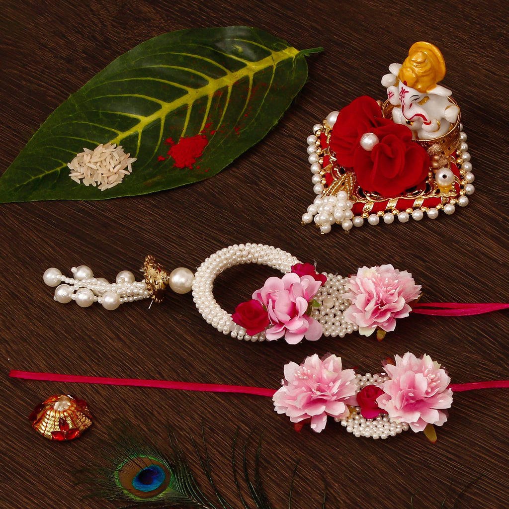 Floral Bhaiya Bhabhi Rakhi with Lord Ganesha Idol on Decorative Plate for Car & Home and Roli Tikka Matki Kafalo