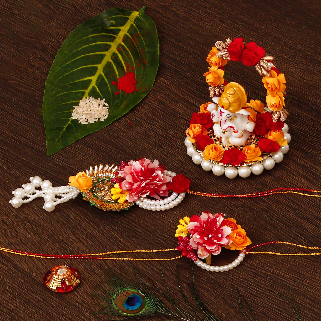 Floral Bhaiya Bhabhi Rakhi with Lord Ganesha Idol on Decorative Plate for Car & Home and Roli Tikka Matki Kafalo