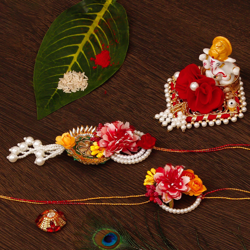 Floral Bhaiya Bhabhi Rakhi with Lord Ganesha Idol on Decorative Plate for Car & Home and Roli Tikka Matki Kafalo