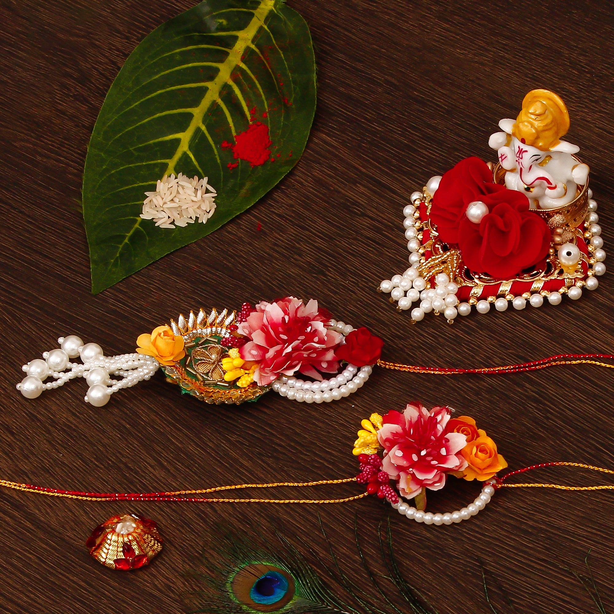 Floral Bhaiya Bhabhi Rakhi with Lord Ganesha Idol on Decorative Plate for Car & Home and Roli Tikka Matki Kafalo
