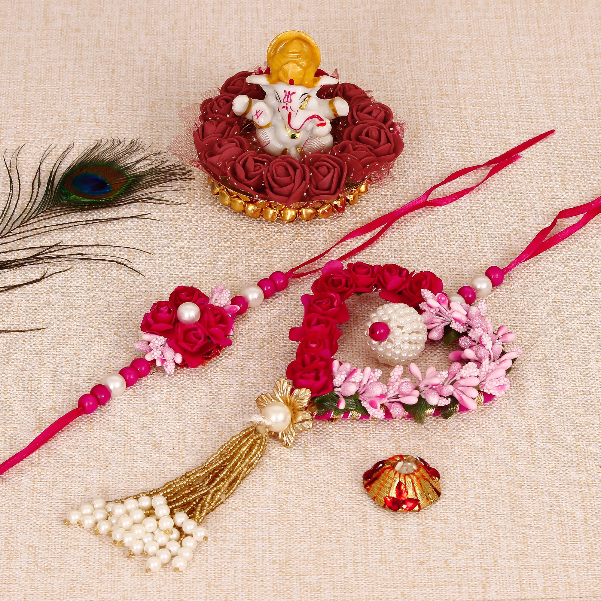 Floral and Heart Shape Bhaiya Bhabhi Rakhi with Lord Ganesha Idol on Decorative Plate for Car & Home and Roli Tikka Matki Kafalo