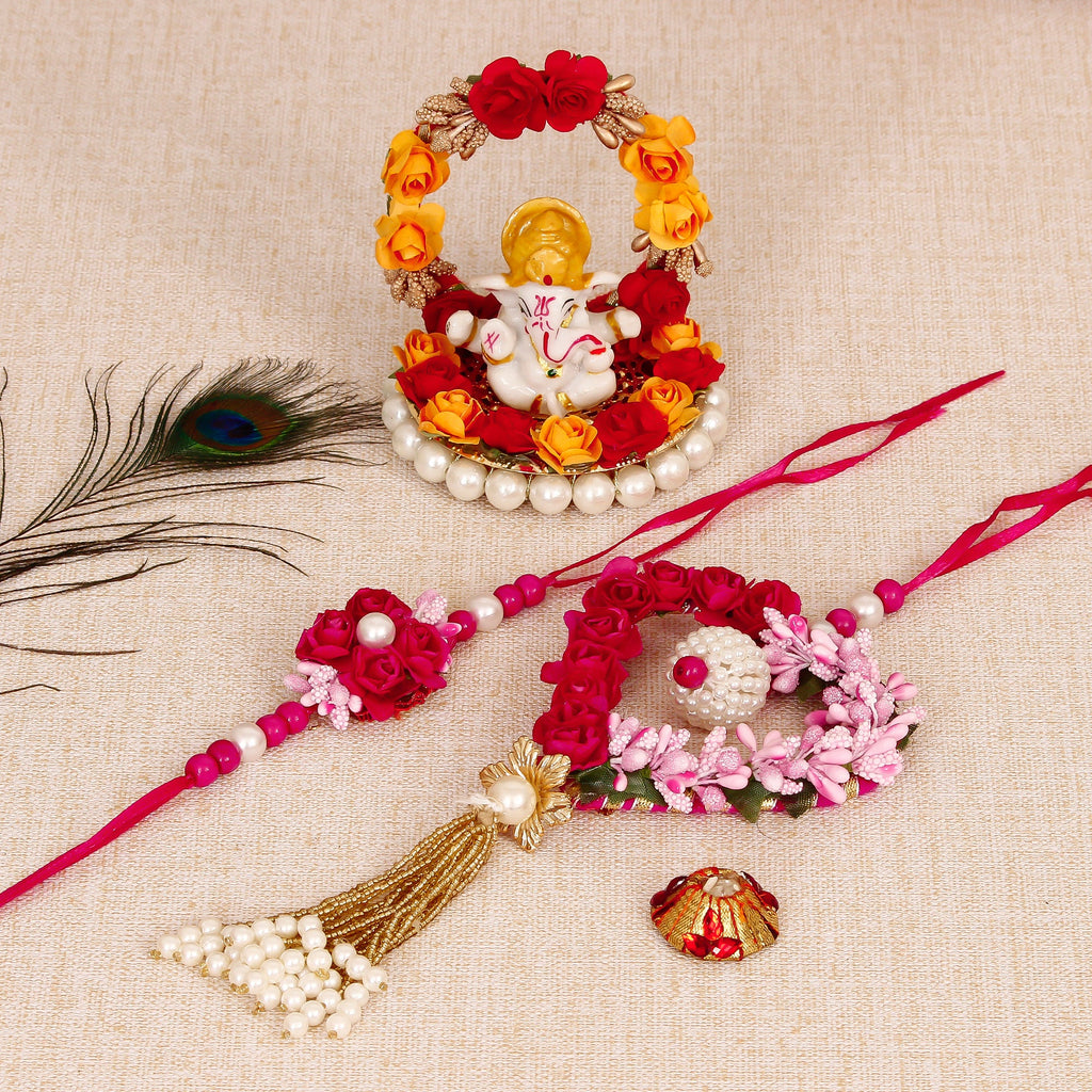 Floral and Heart Shape Bhaiya Bhabhi Rakhi with Lord Ganesha Idol on Decorative Plate for Car & Home and Roli Tikka Matki Kafalo