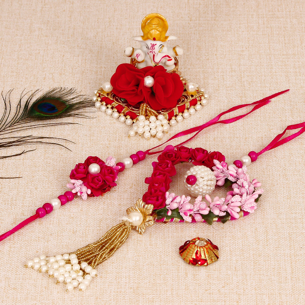 Floral and Heart Shape Bhaiya Bhabhi Rakhi with Lord Ganesha Idol on Decorative Plate for Car & Home and Roli Tikka Matki Kafalo