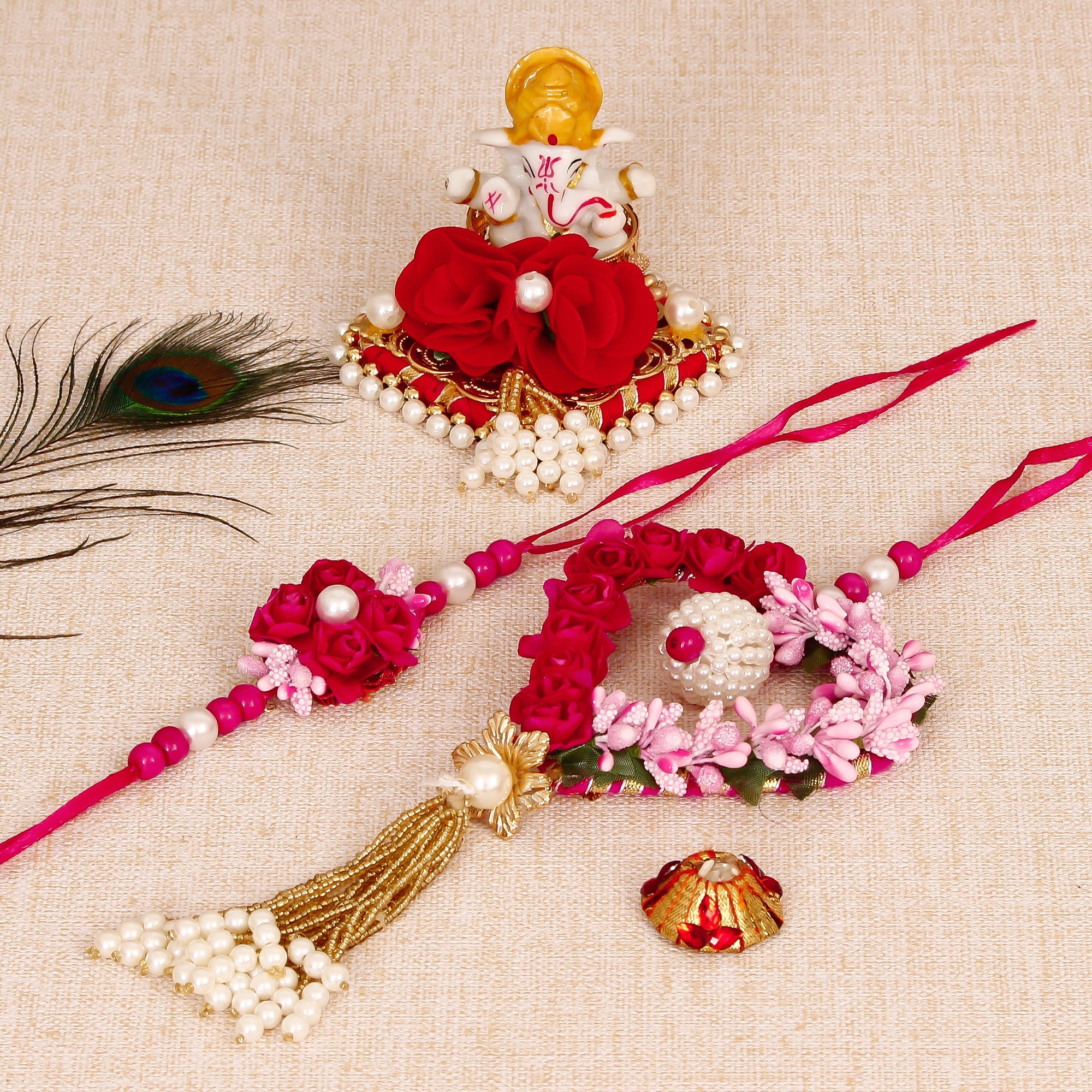 Floral and Heart Shape Bhaiya Bhabhi Rakhi with Lord Ganesha Idol on Decorative Plate for Car & Home and Roli Tikka Matki Kafalo