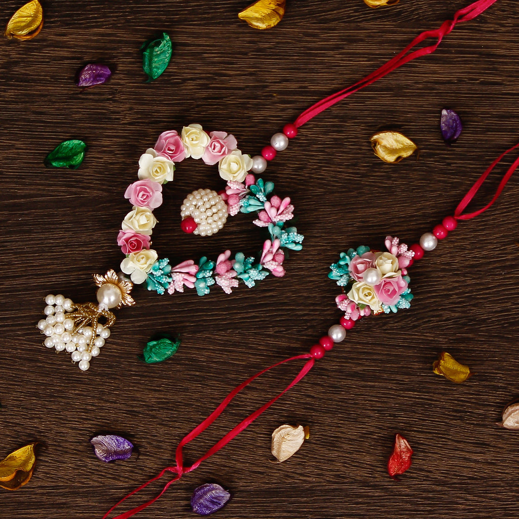 Floral and Heart Shape Bhaiya Bhabhi Rakhi Kafalo