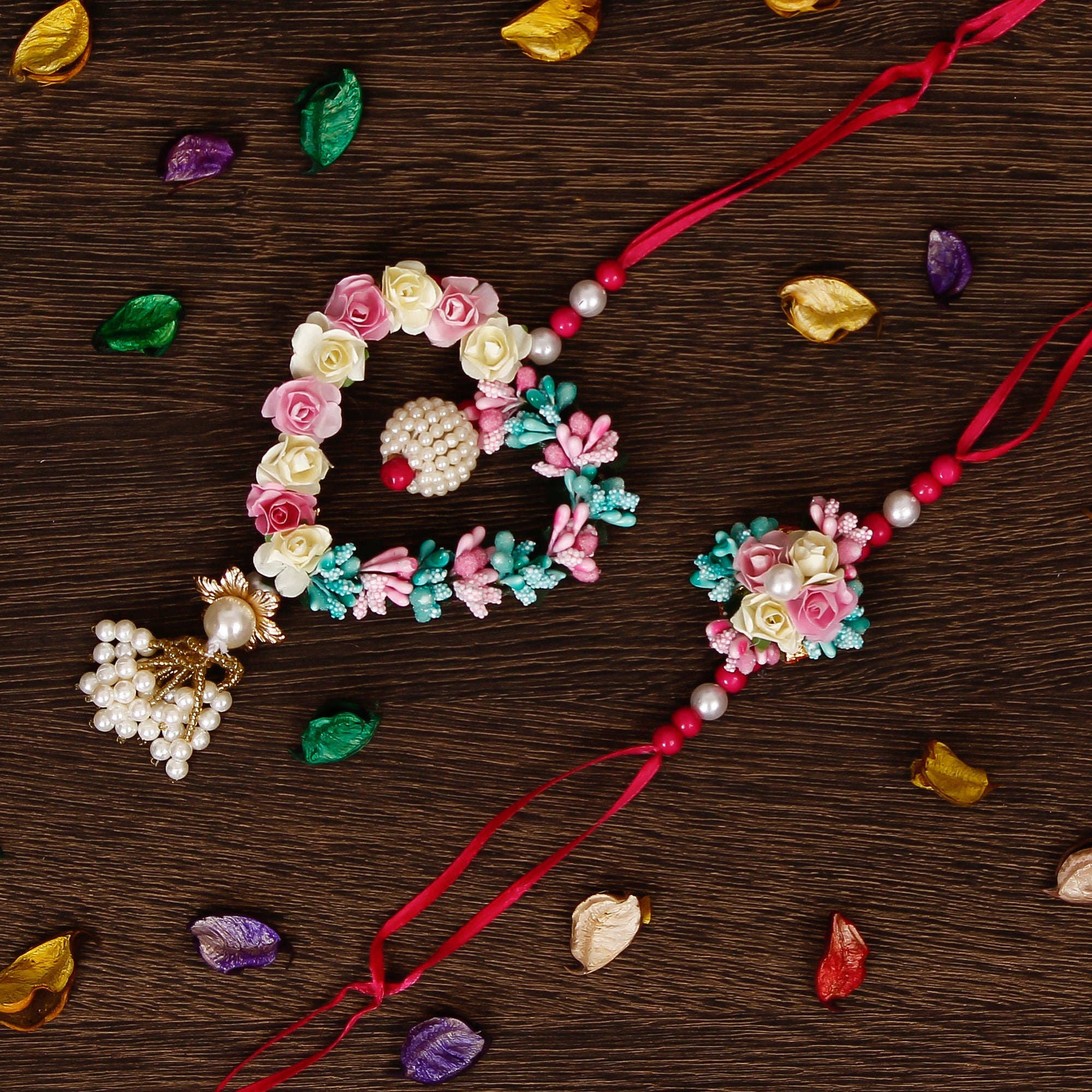 Floral and Heart Shape Bhaiya Bhabhi Rakhi and Roli Chawal Pack, Best Wishes Greeting Card Kafalo