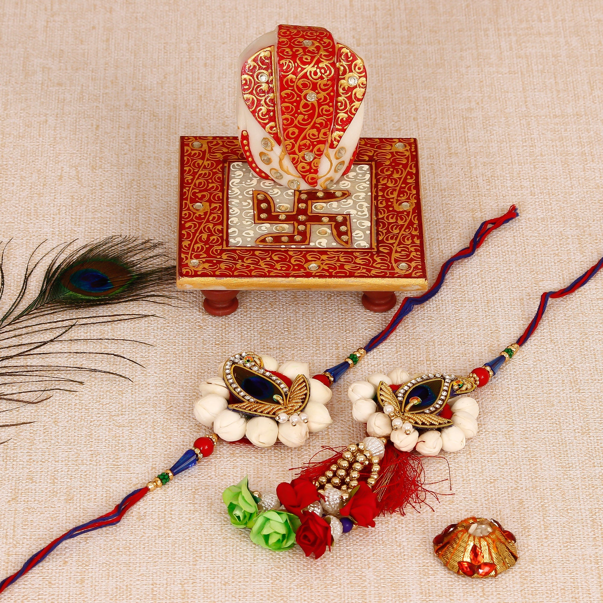 Bhaiya Bhabhi Rakhi with Ridhi Sidhi Marble chowki and Roli Tikka Matki Kafalo