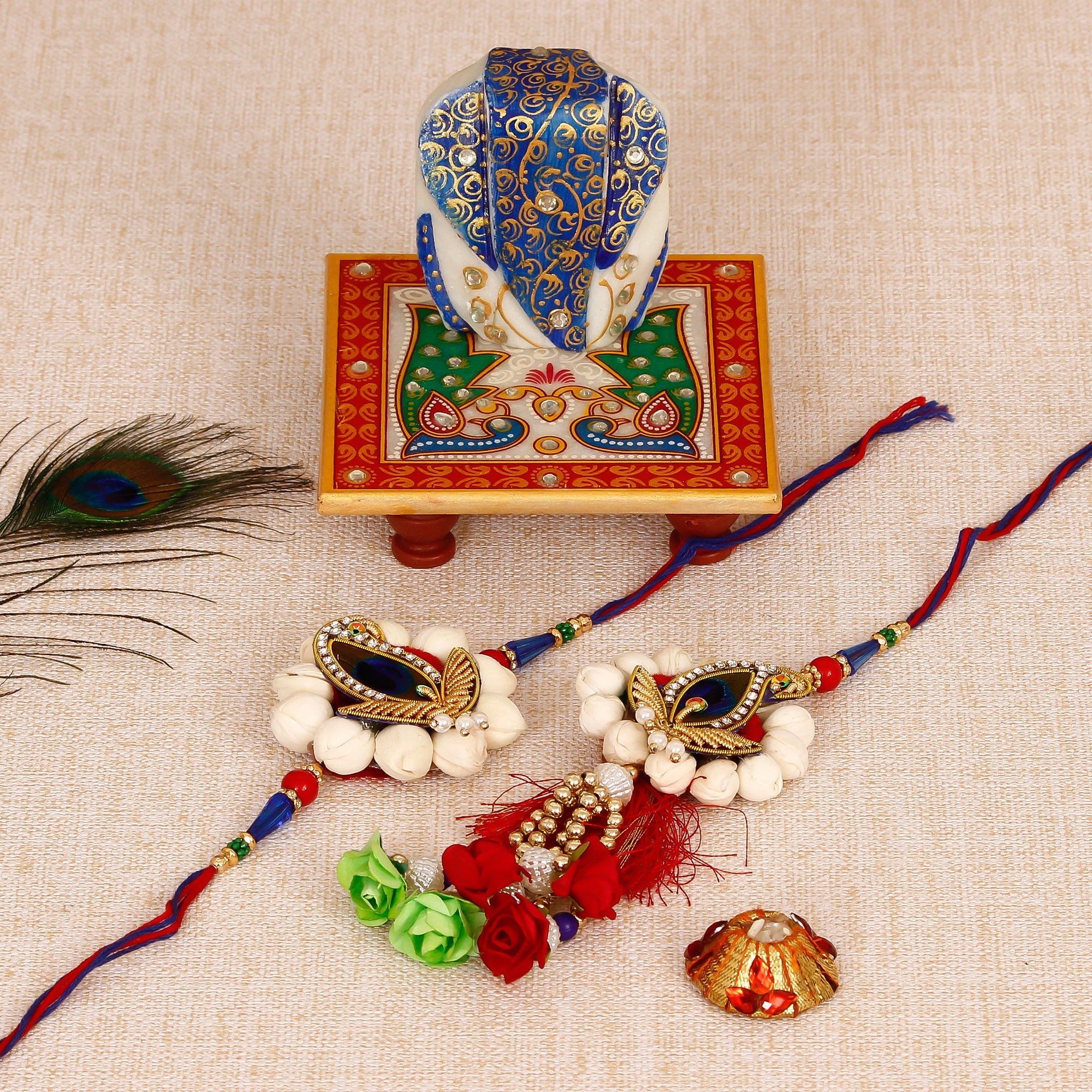 Bhaiya Bhabhi Rakhi with Lord Ganesha on Marble Chowki and Roli Tikka Matki Kafalo