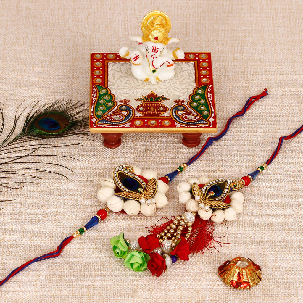 Bhaiya Bhabhi Rakhi with Lord Ganesha Marble Chowki and Roli Tikka Matki Kafalo