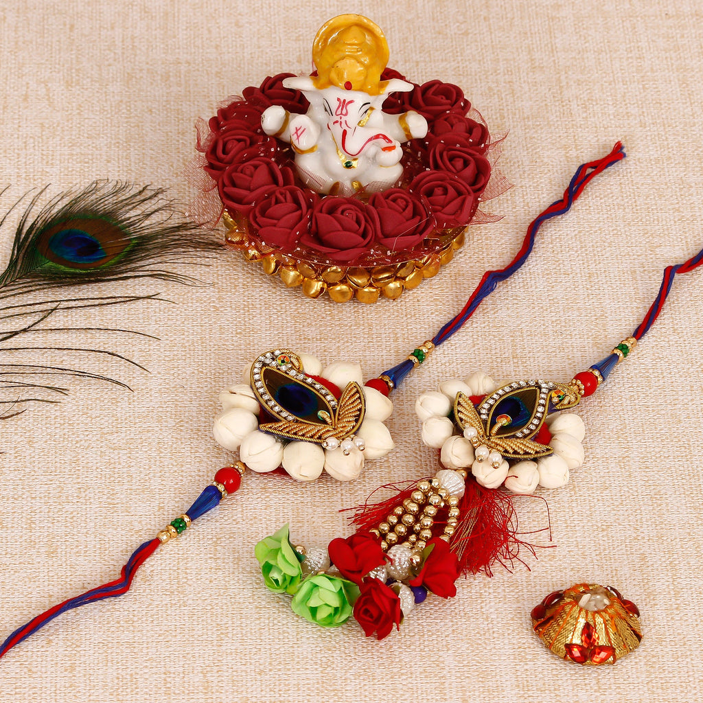 Bhaiya Bhabhi Rakhi with Lord Ganesha Idol on Decorative Plate for Car & Home and Roli Tikka Matki Kafalo