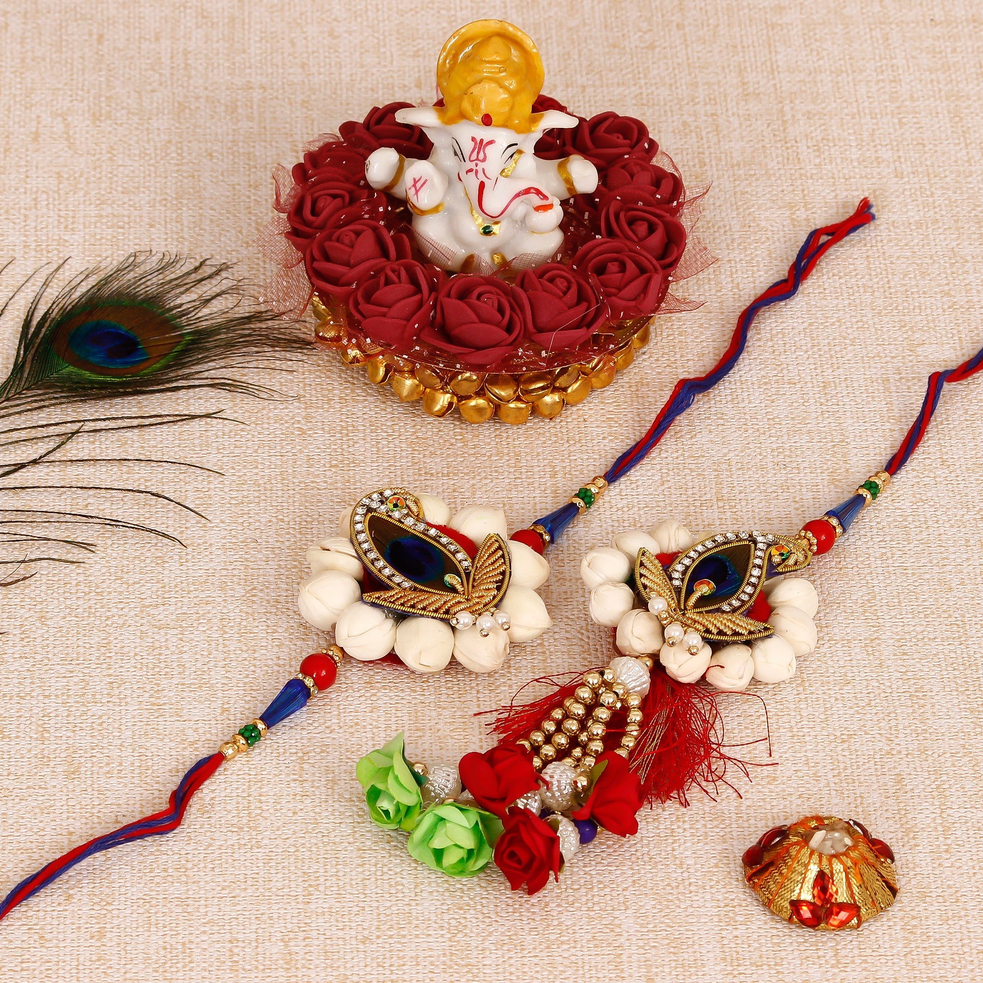 Bhaiya Bhabhi Rakhi with Lord Ganesha Idol on Decorative Plate for Car & Home and Roli Tikka Matki Kafalo