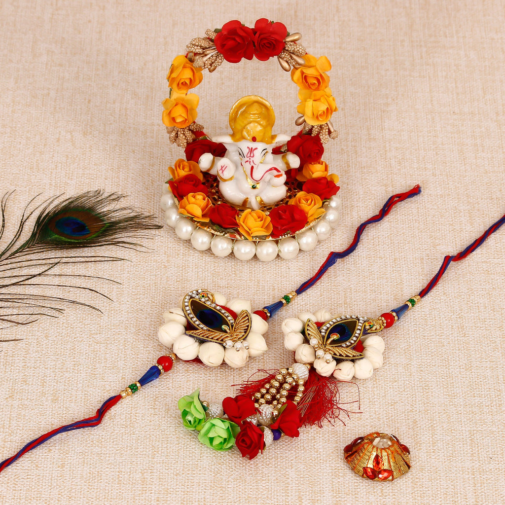 Bhaiya Bhabhi Rakhi with Lord Ganesha Idol on Decorative Plate for Car & Home and Roli Tikka Matki Kafalo