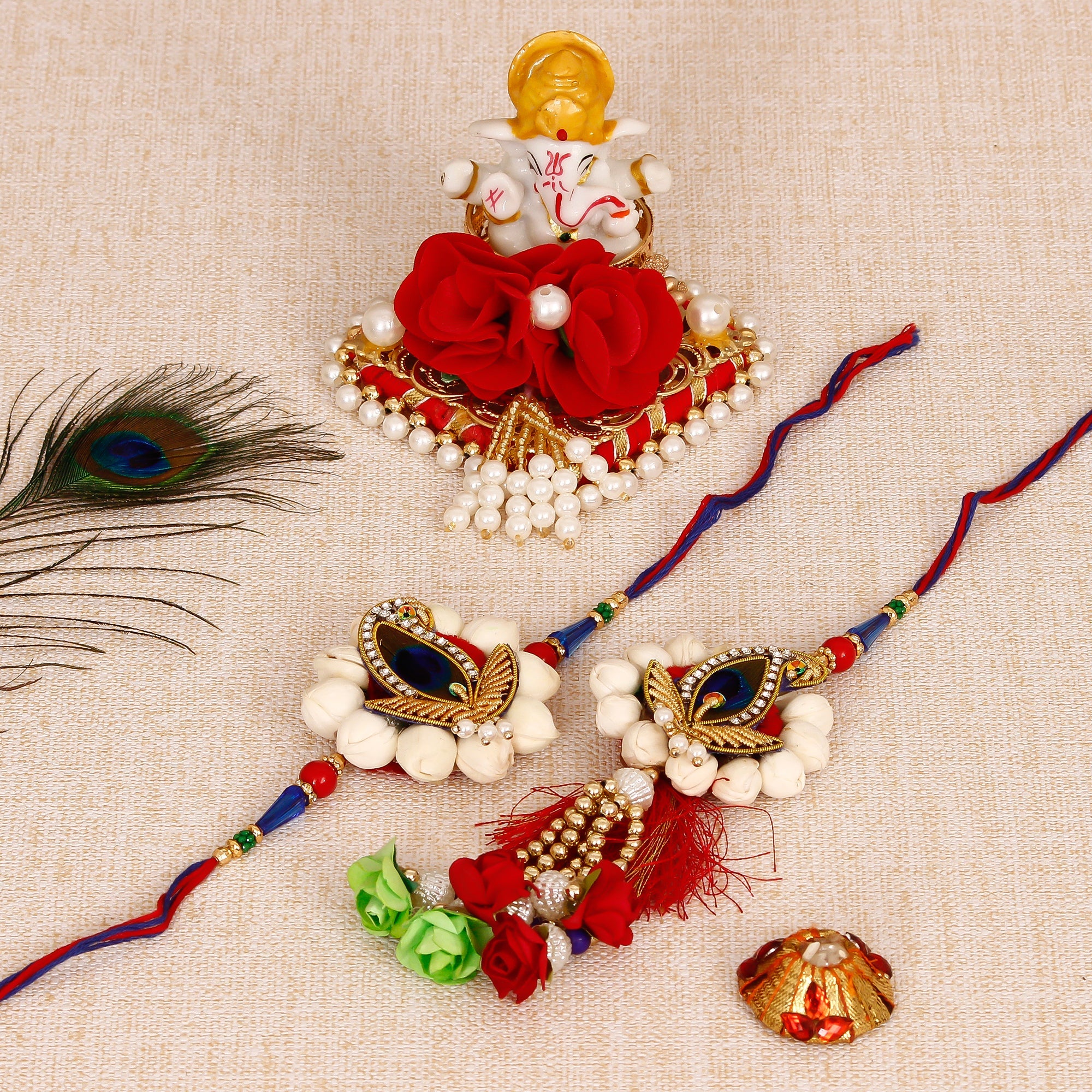 Bhaiya Bhabhi Rakhi with Lord Ganesha Idol on Decorative Plate for Car & Home and Roli Tikka Matki Kafalo