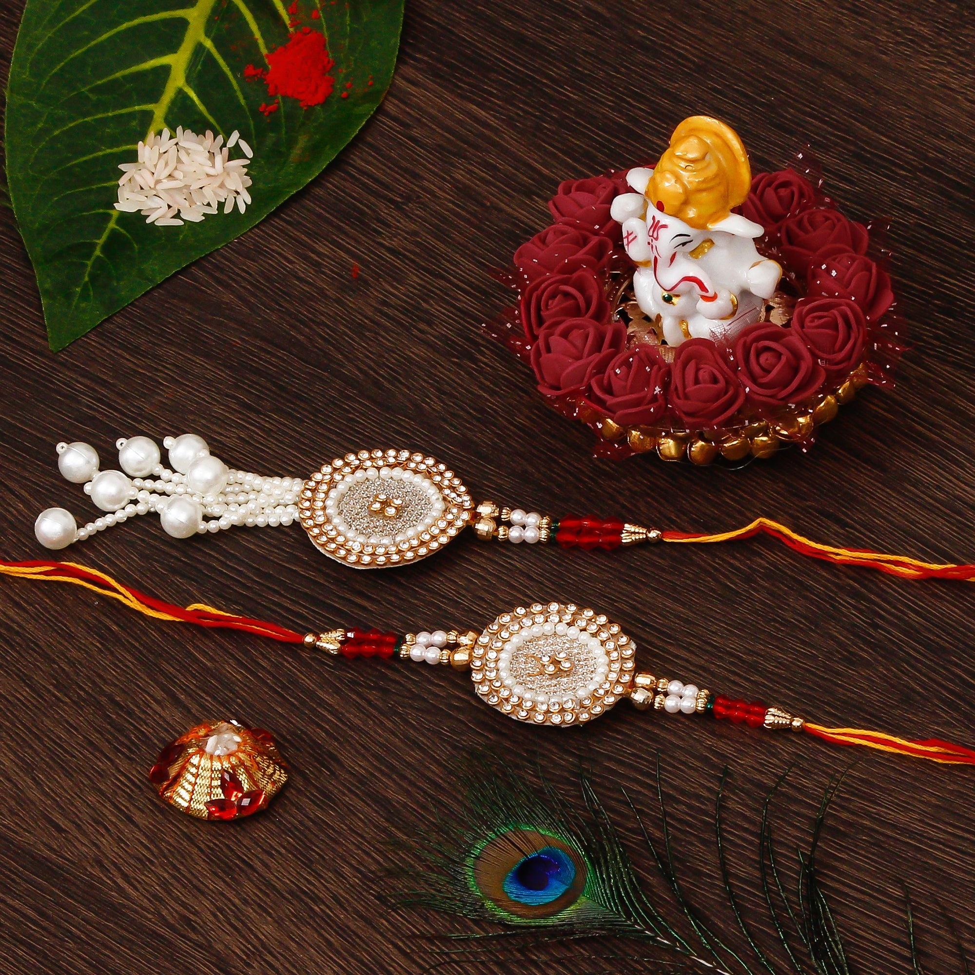 Bhaiya Bhabhi Rakhi with Lord Ganesha Idol on Decorative Plate for Car & Home and Roli Tikka Matki Kafalo