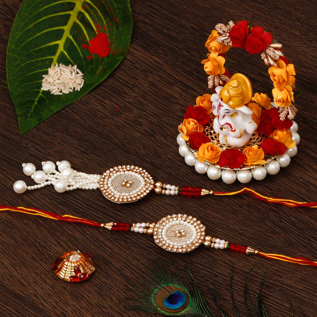 Bhaiya Bhabhi Rakhi with Lord Ganesha Idol on Decorative Plate for Car & Home and Roli Tikka Matki Kafalo