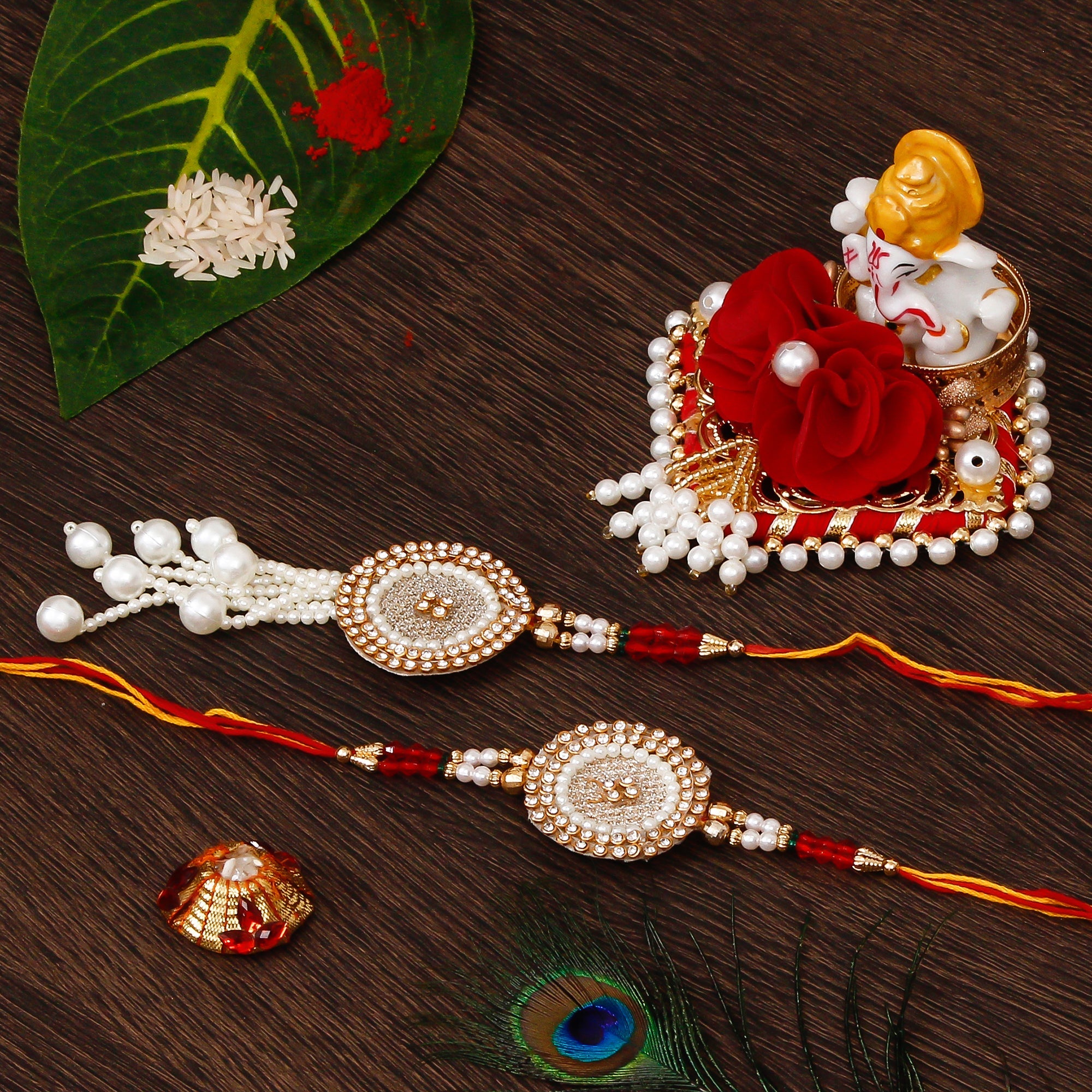 Bhaiya Bhabhi Rakhi with Lord Ganesha Idol on Decorative Plate for Car & Home and Roli Tikka Matki Kafalo
