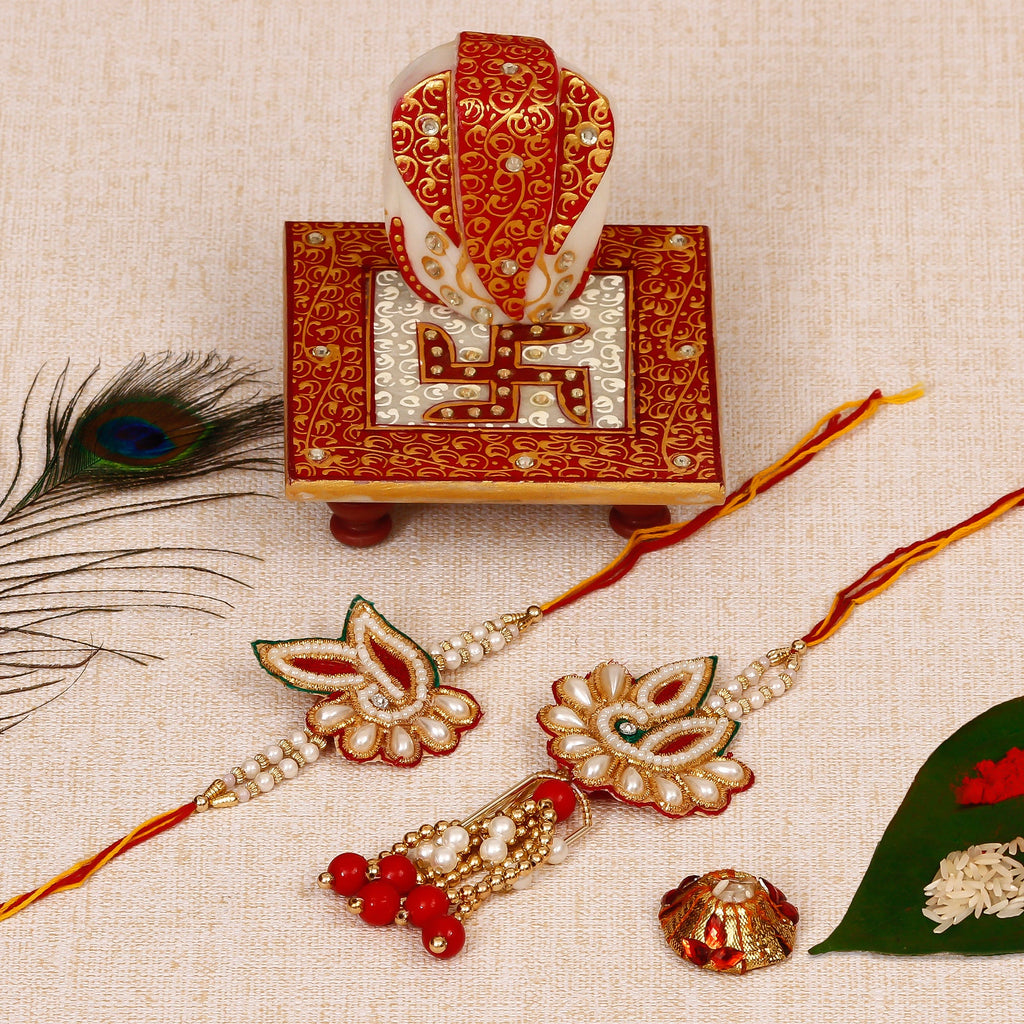 Bhaiya Bhabhi Rakhi with Ridhi Sidhi Marble chowki and Roli Tikka Matki Kafalo