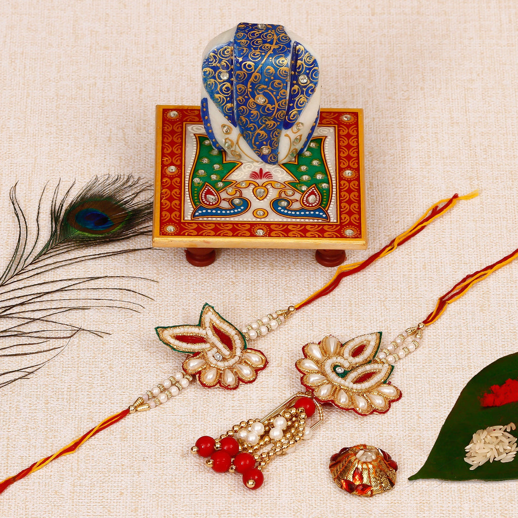 Bhaiya Bhabhi Rakhi with Lord Ganesha on Marble Chowki and Roli Tikka Matki Kafalo