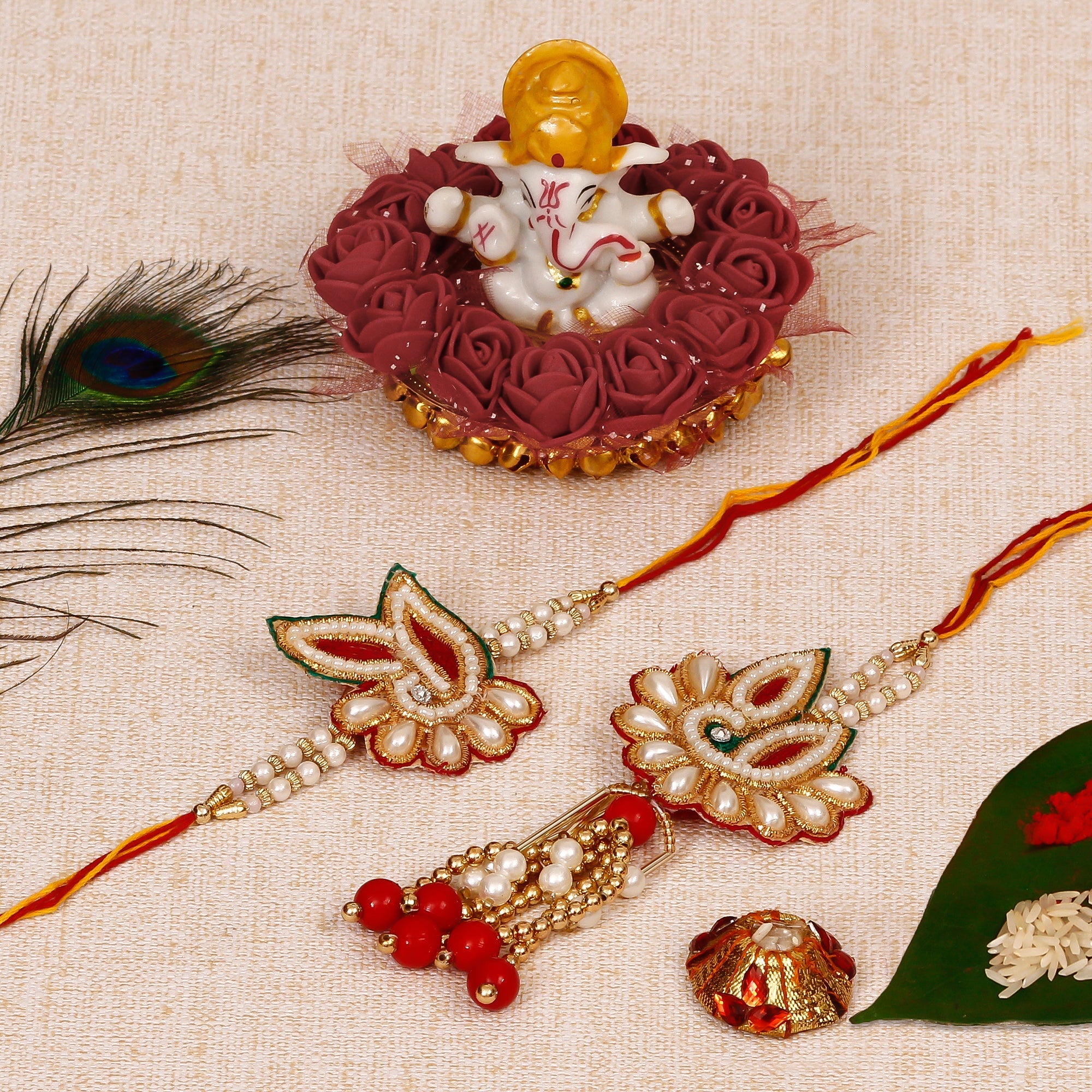 Bhaiya Bhabhi Rakhi with Lord Ganesha Idol on Decorative Plate for Car & Home and Roli Tikka Matki Kafalo