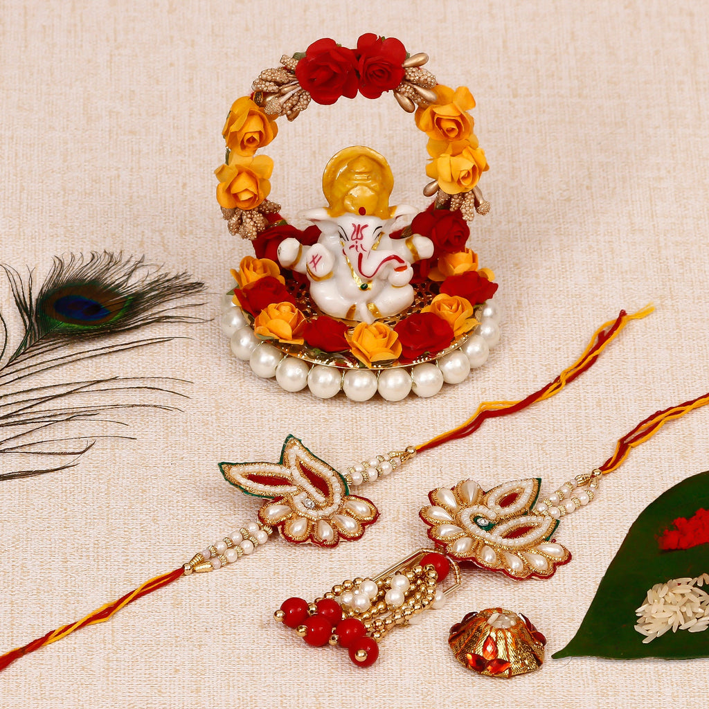Bhaiya Bhabhi Rakhi with Lord Ganesha Idol on Decorative Plate for Car & Home and Roli Tikka Matki Kafalo