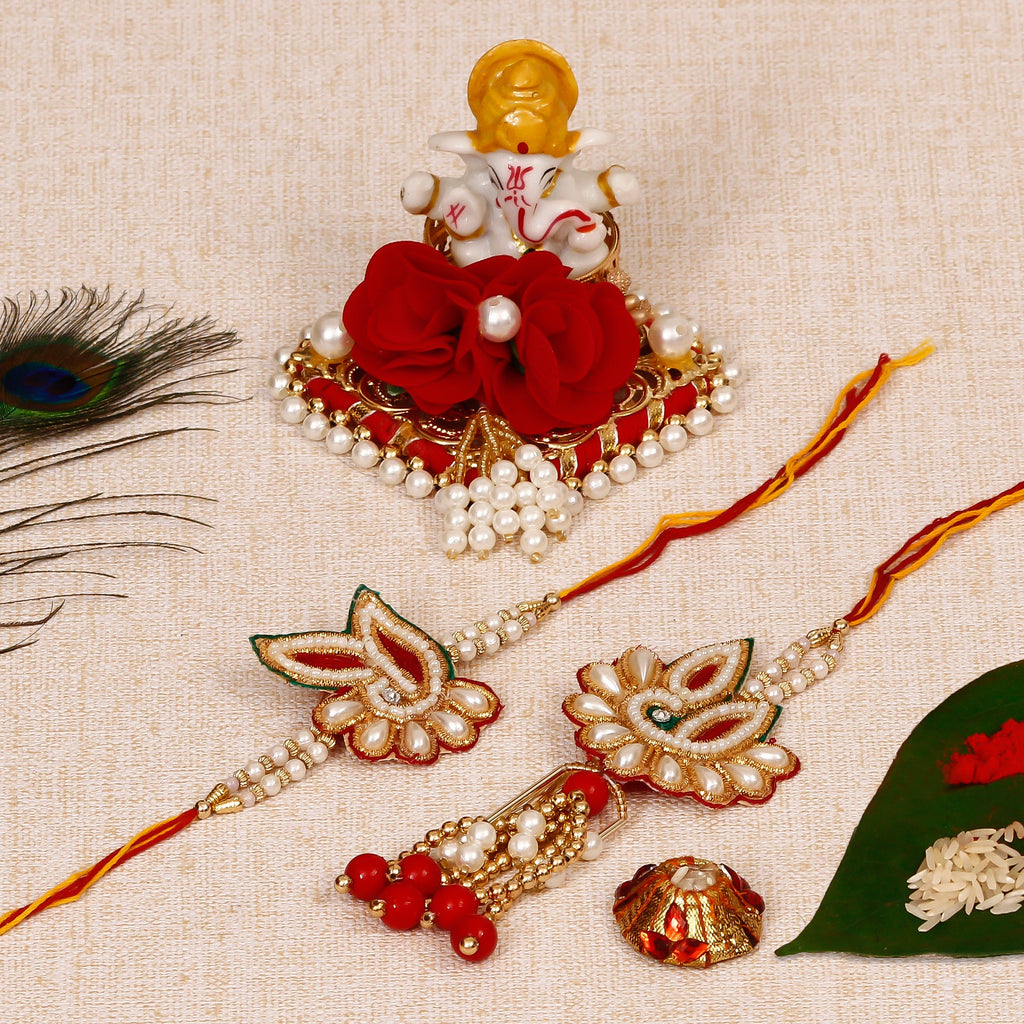 Bhaiya Bhabhi Rakhi with Lord Ganesha Idol on Decorative Plate for Car & Home and Roli Tikka Matki Kafalo