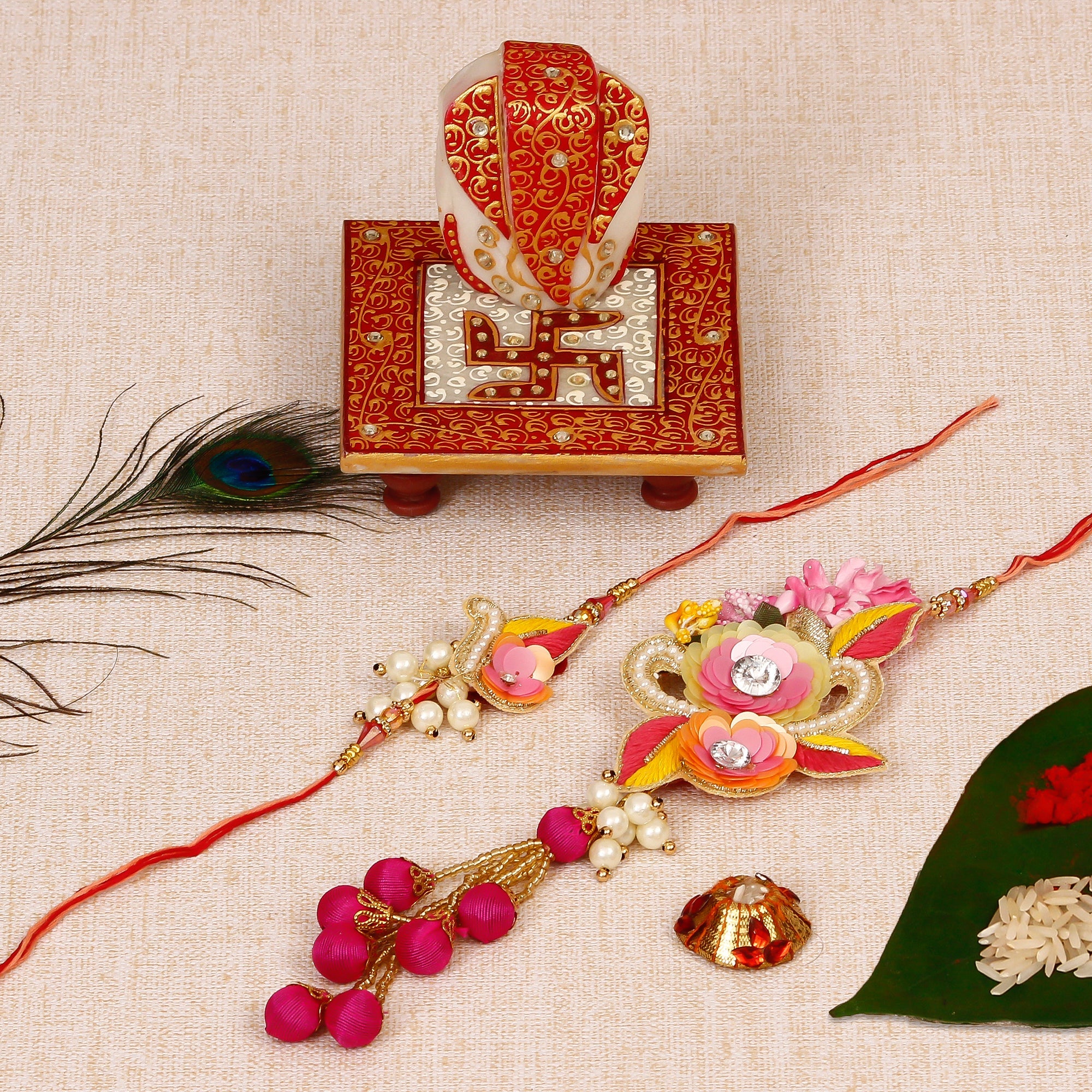 Bhaiya Bhabhi Rakhi with Ridhi Sidhi Marble chowki and Roli Tikka Matki Kafalo