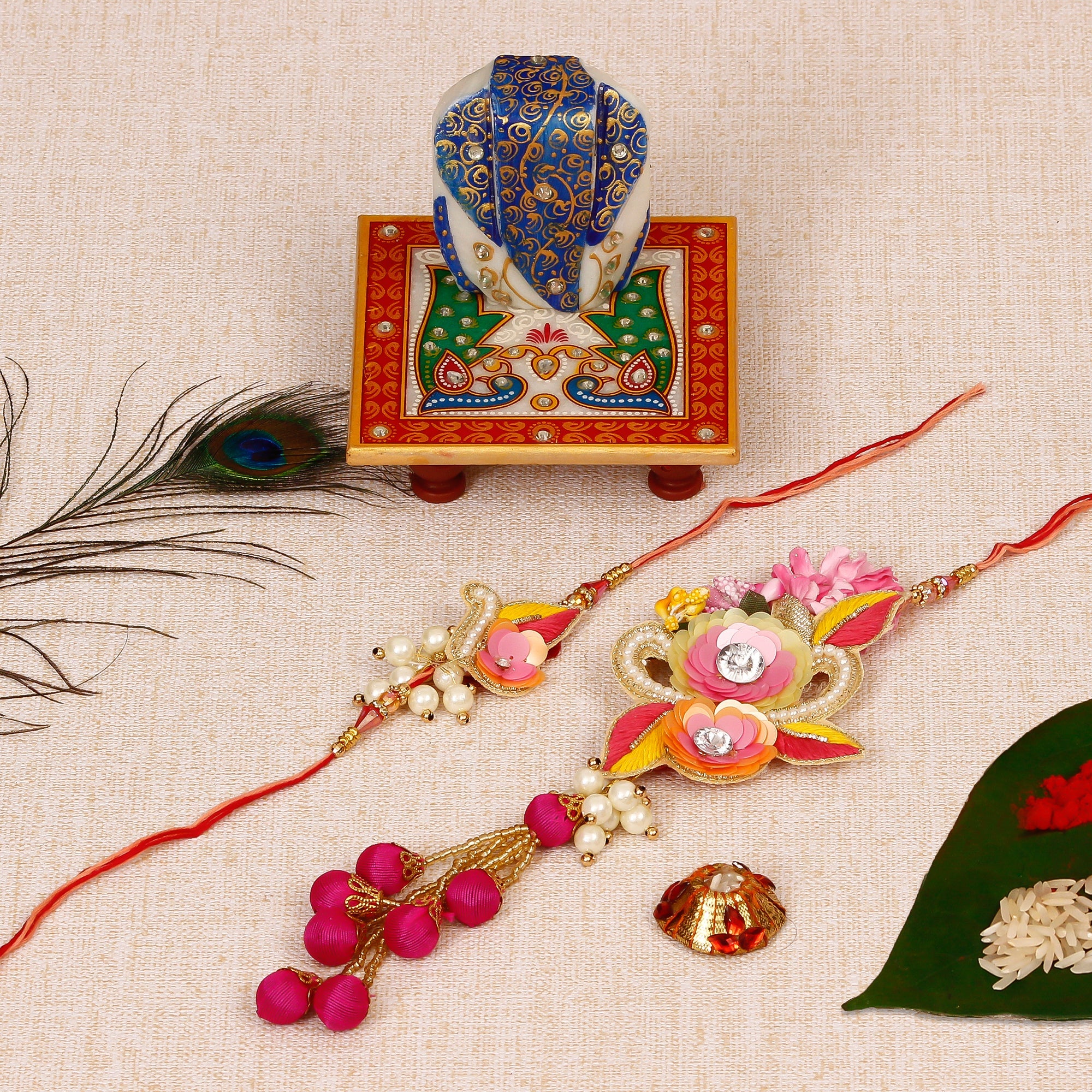 Bhaiya Bhabhi Rakhi with Lord Ganesha on Marble Chowki and Roli Tikka Matki Kafalo