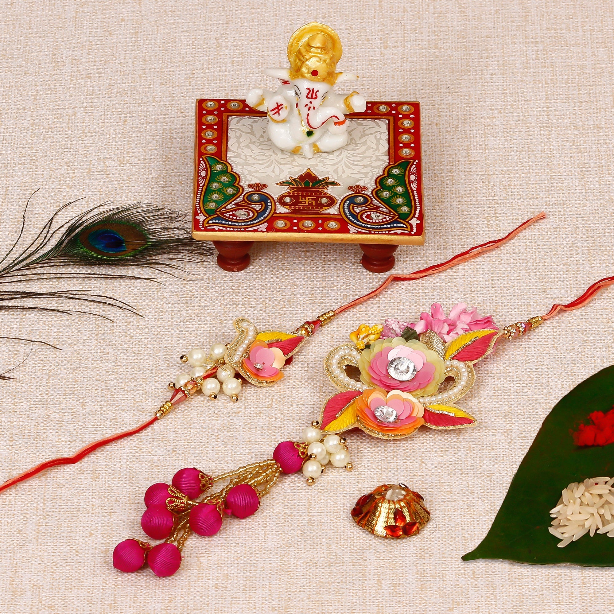 Bhaiya Bhabhi Rakhi with Lord Ganesha Marble Chowki and Roli Tikka Matki Kafalo