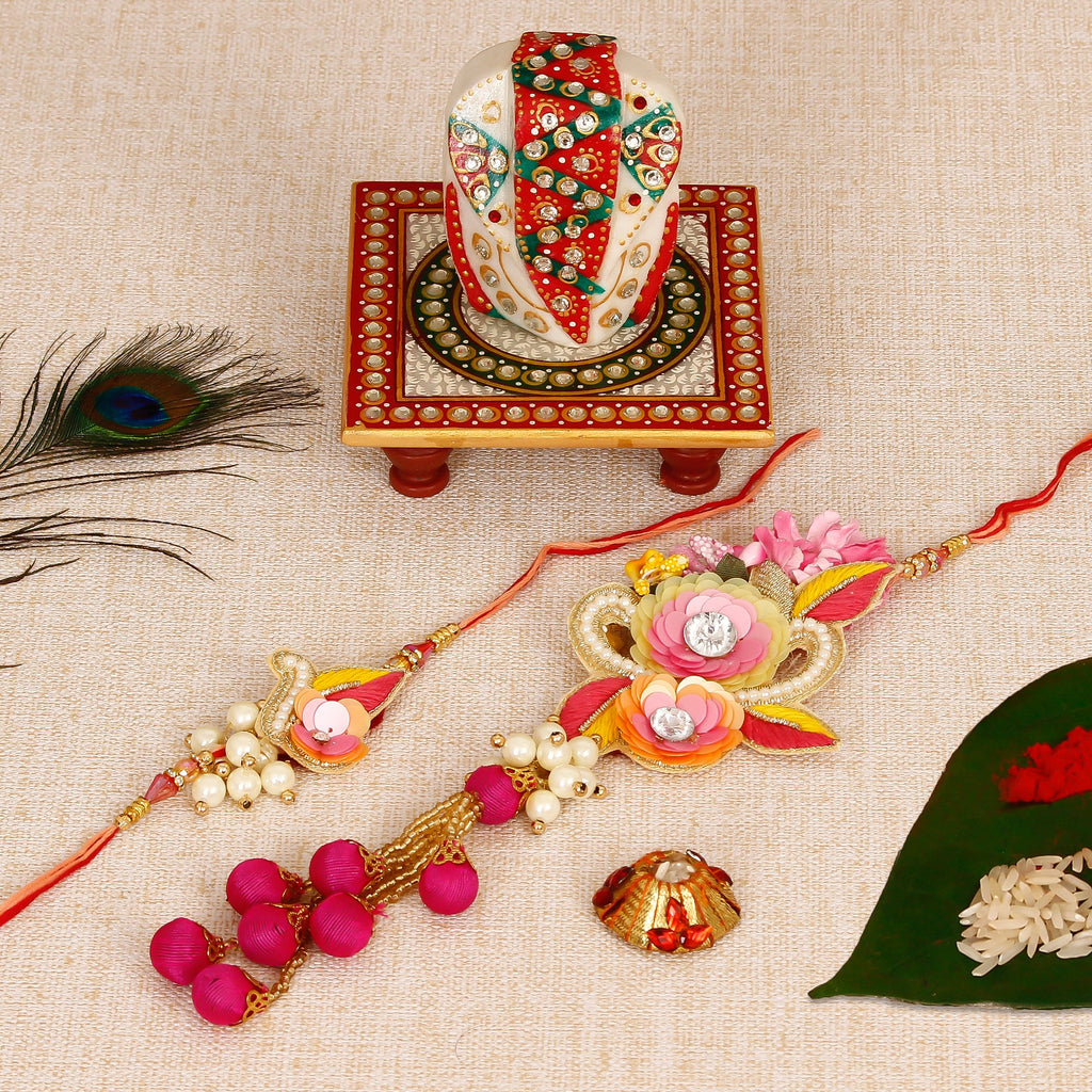 Bhaiya Bhabhi Rakhi with Lord Ganesha on Kundan Studded Marble Chowki and Roli Tikka Matki Kafalo