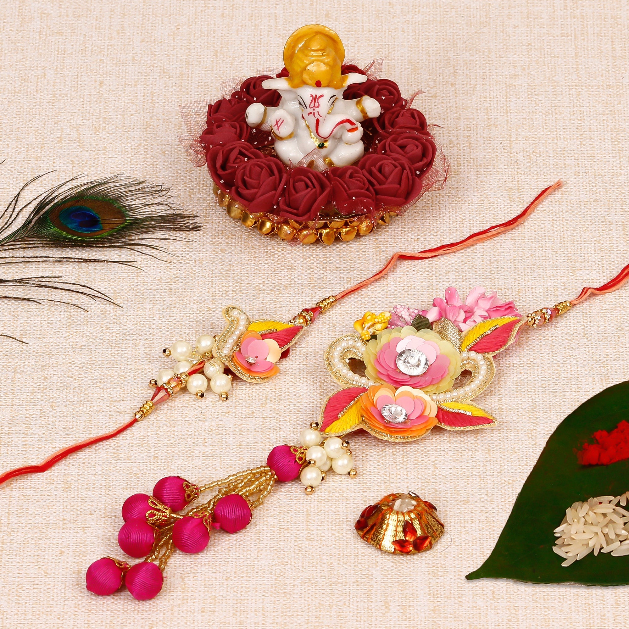 Bhaiya Bhabhi Rakhi with Lord Ganesha Idol on Decorative Plate for Car & Home and Roli Tikka Matki Kafalo