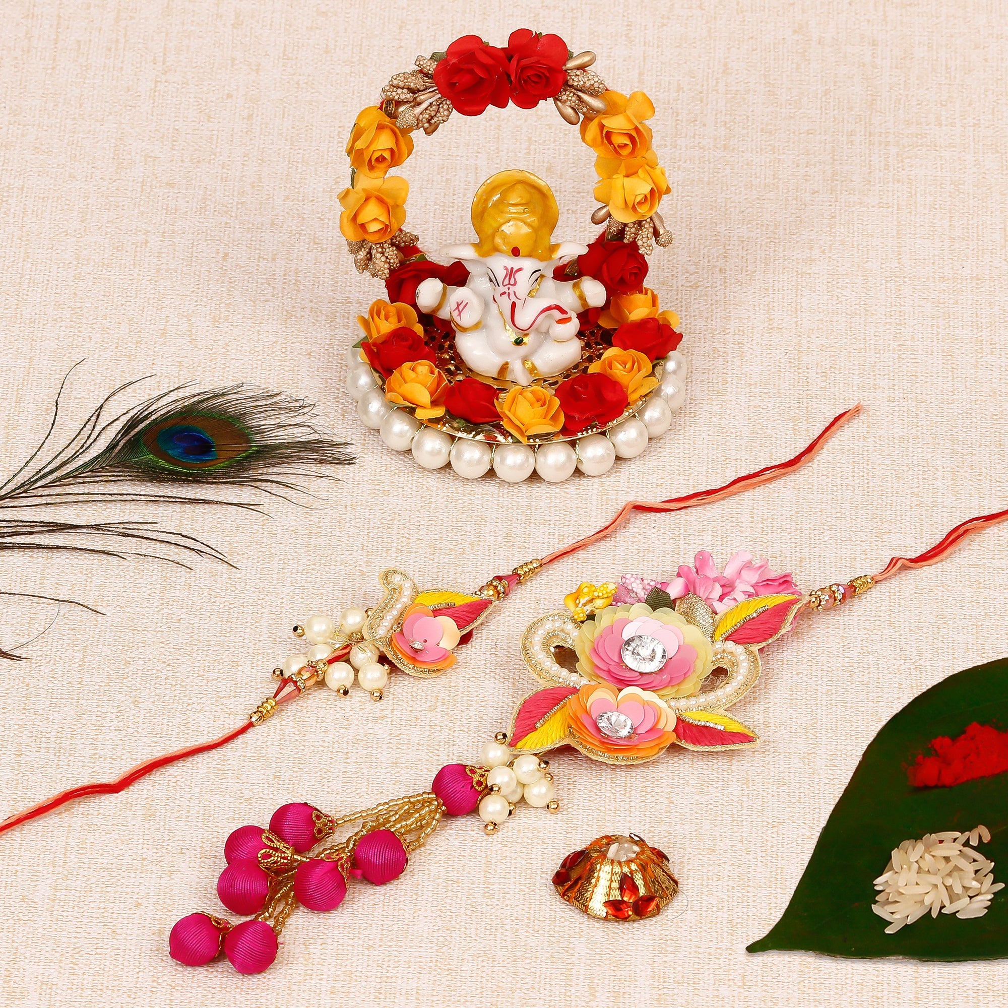 Bhaiya Bhabhi Rakhi with Lord Ganesha Idol on Decorative Plate for Car & Home and Roli Tikka Matki Kafalo