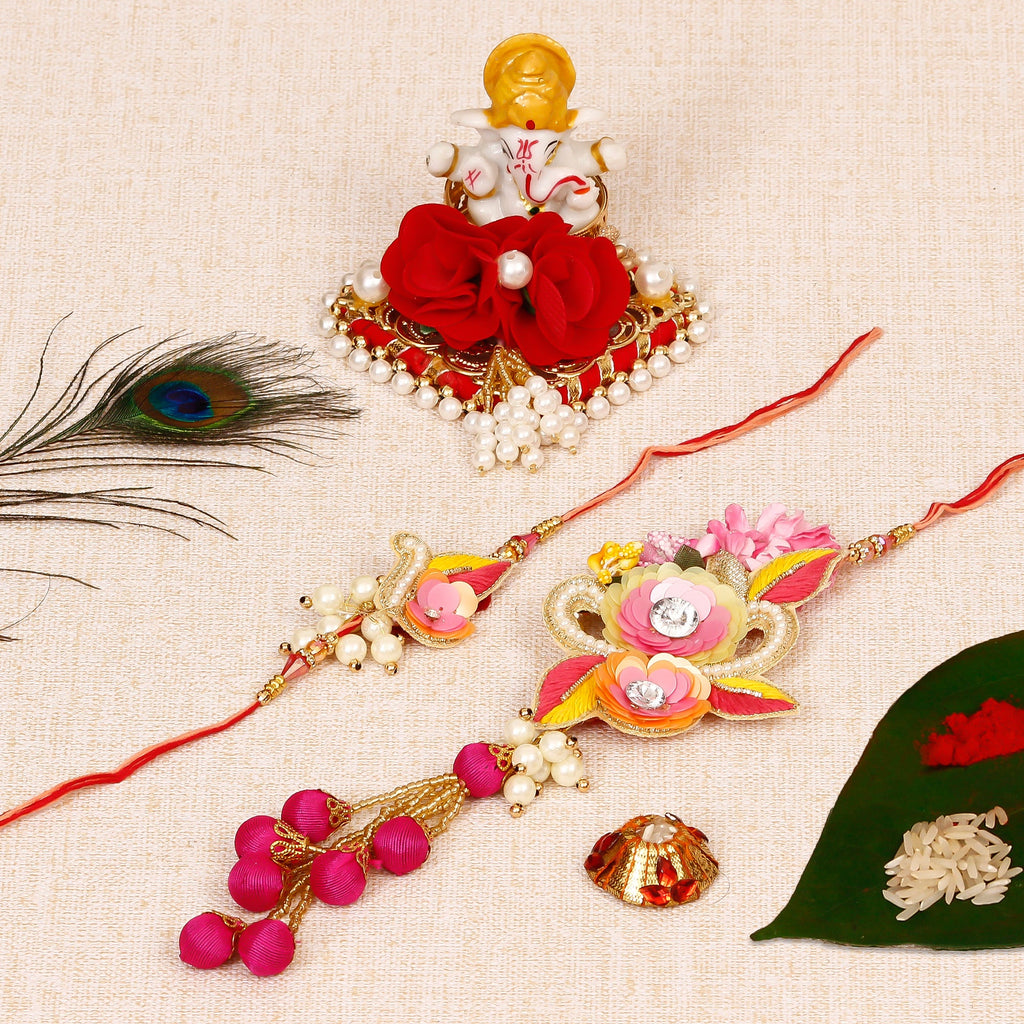 Bhaiya Bhabhi Rakhi with Lord Ganesha Idol on Decorative Plate for Car & Home and Roli Tikka Matki Kafalo